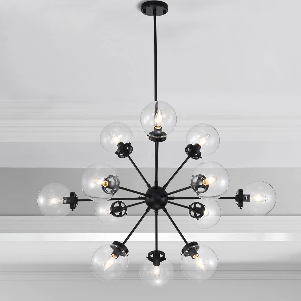 Masakee 12-Light Sputnik Chandelier - Modern Black Metal Ceiling Light Fixture with Clear Glass Globe Shades for Dining Room, Living Room, Bedroom Lighting