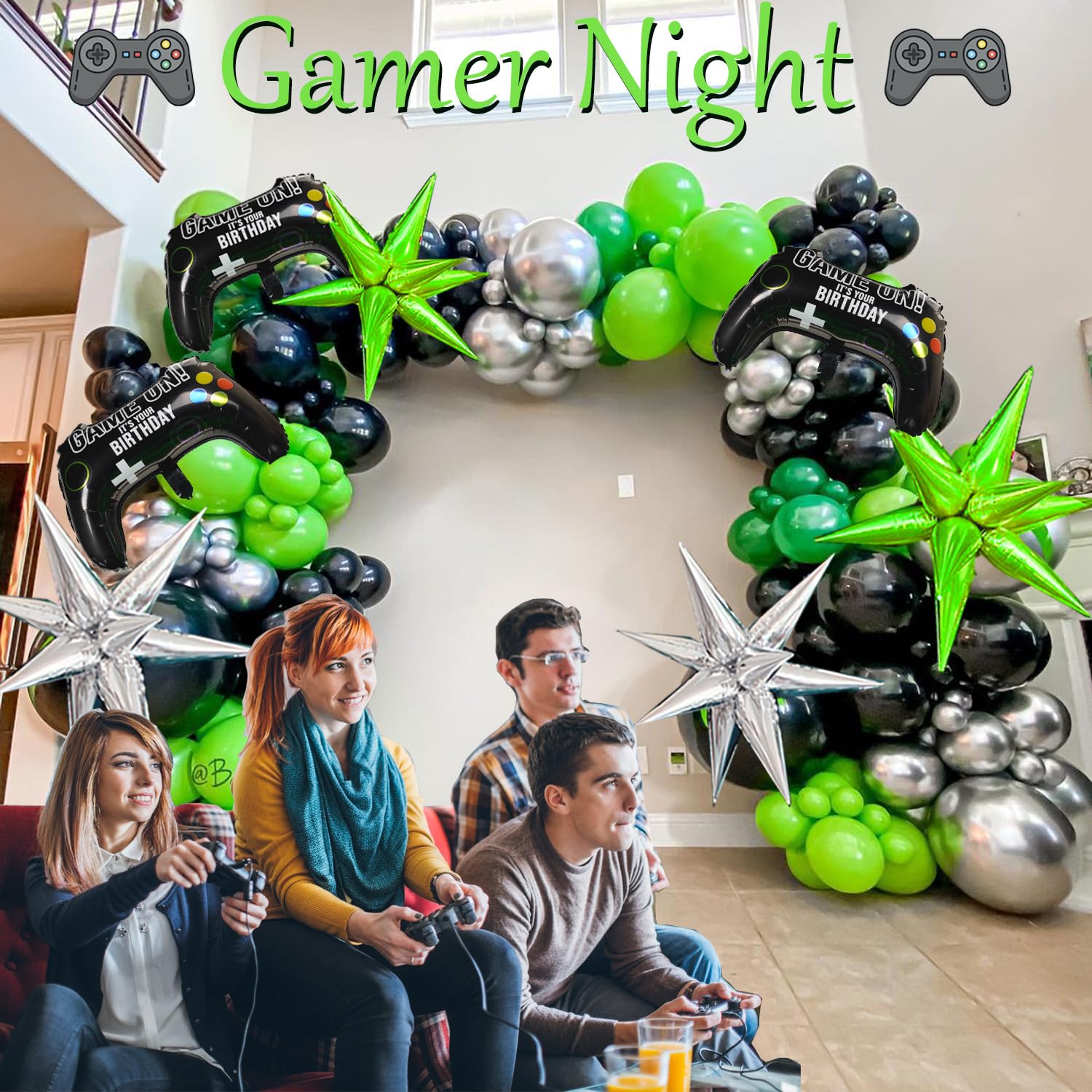 135pcs Green & Black Silver Controller Balloon Garland Kit - Gamer Party Decorations for Boys Birthday, Gaming Night & Video Game Themed Events