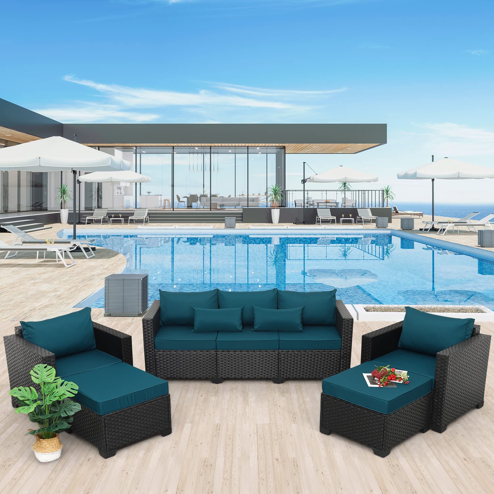 5-Piece Rattan Patio Furniture Set with Anti-Slip Cushions & Waterproof Covers - Outdoor Wicker Sofa, Chairs & Ottoman in Peacock Blue - Perfect for Garden, Poolside & Backyard Relaxation