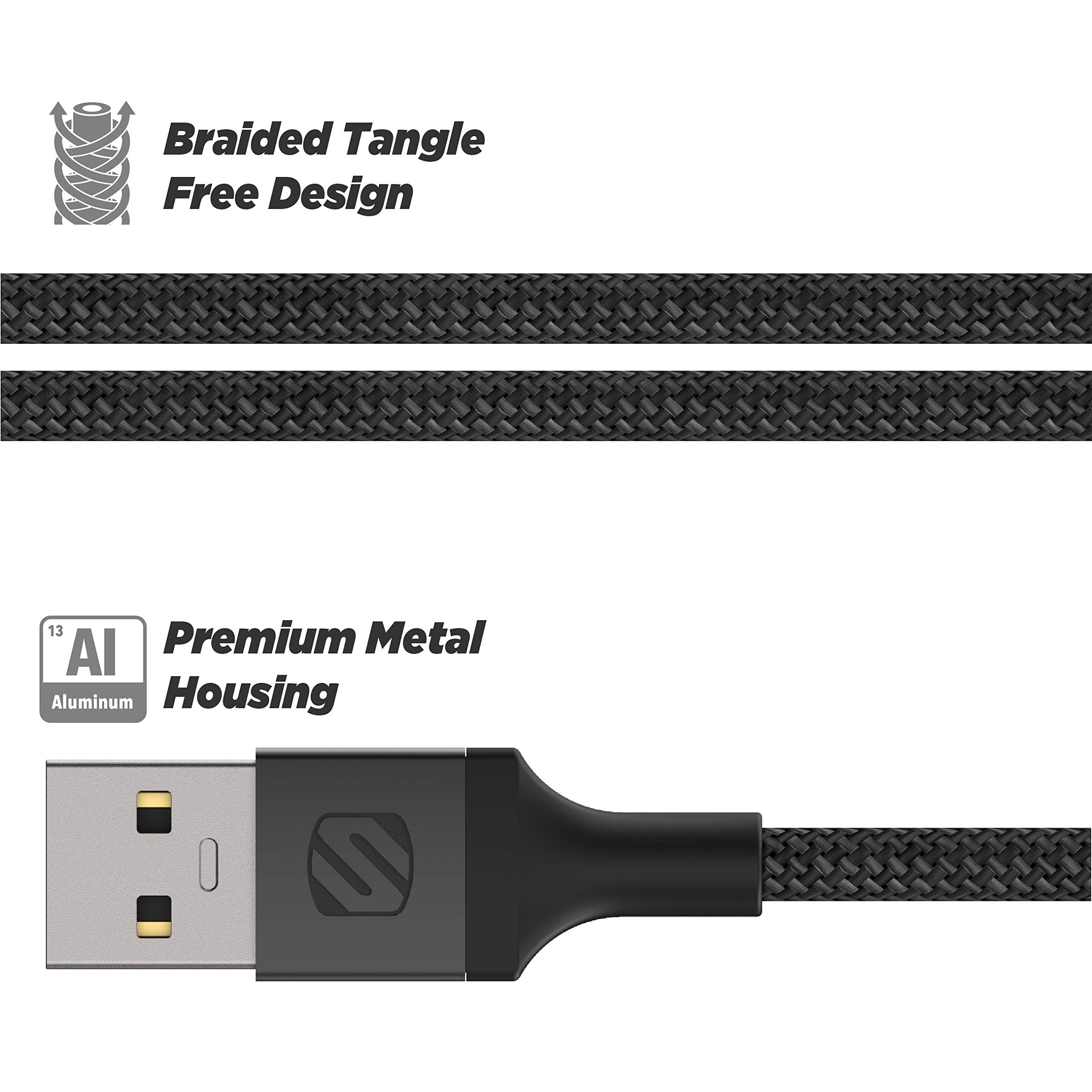 Scosche i3B1SG-SP MFi Certified Strikeline Sync Braided Lightning Cable - 1ft Fast Charging Cord for iPhone 14/13/12/11/X/8/7 & iPad - Durable Nylon-Braided Black Cable for Home, Office & Travel