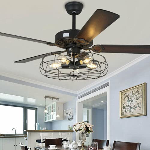 52 Inch Industrial Style Ceiling Fan with Lights - Remote Control, 3 Speed Adjustable, Wooden Blades, 110V for Living Room, Bedroom, Dining Room - Perfect for Home Cooling and Stylish Lighting