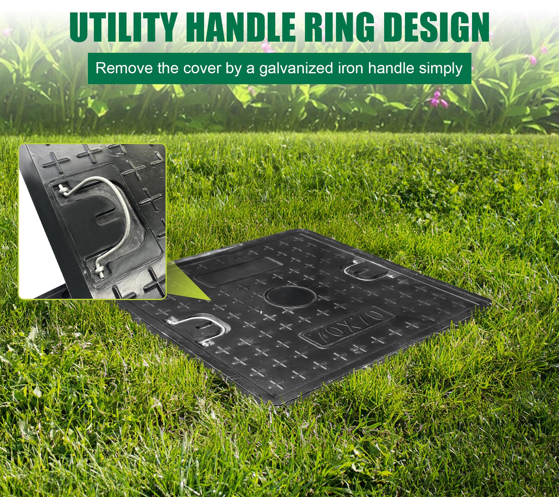 28x28in Fiberglass Square Manhole Cover and Frame - 24x24in Recessed Solid Top Cover with 21.5in Clear Opening - Non-Slip Reinforced Sewage Basin Cover with Handle for Septic Tanks - Ideal for Residential, Commercial, and Municipal Drainage Systems