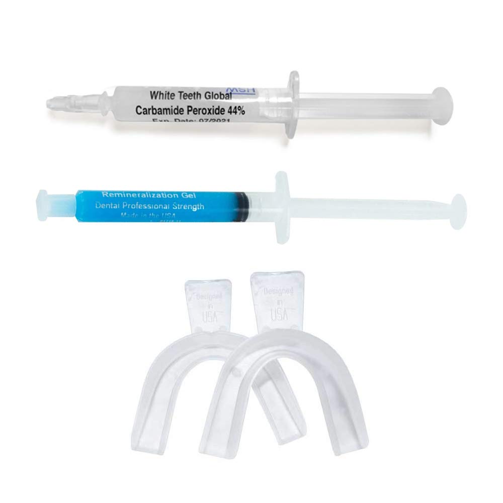 Professional Teeth Whitening Kit with 3ml 44% Carbamide Peroxide & 3ml Remineralization Gel - Includes 2 Mouth Trays & Syringe Dispensers for At-Home Dental Care & Bright Smile