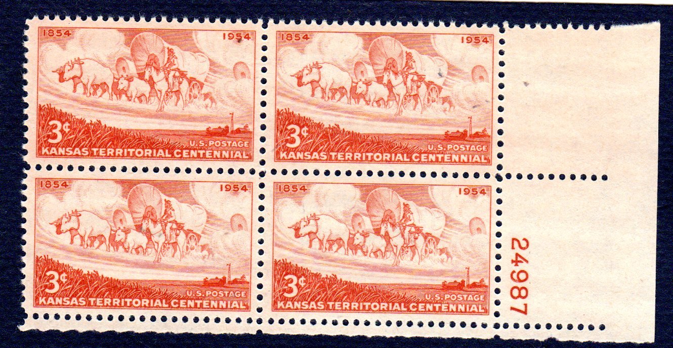 1954 US Postage Stamps - Plate Block #24987 of Four 3 Cents Brown Orange Stamps Featuring Wheat Field & Pioneer Wagon Train - Kansas Territory Issue Scott #1061 - Perfect for Collectors, Philatelists & Historical Enthusiasts