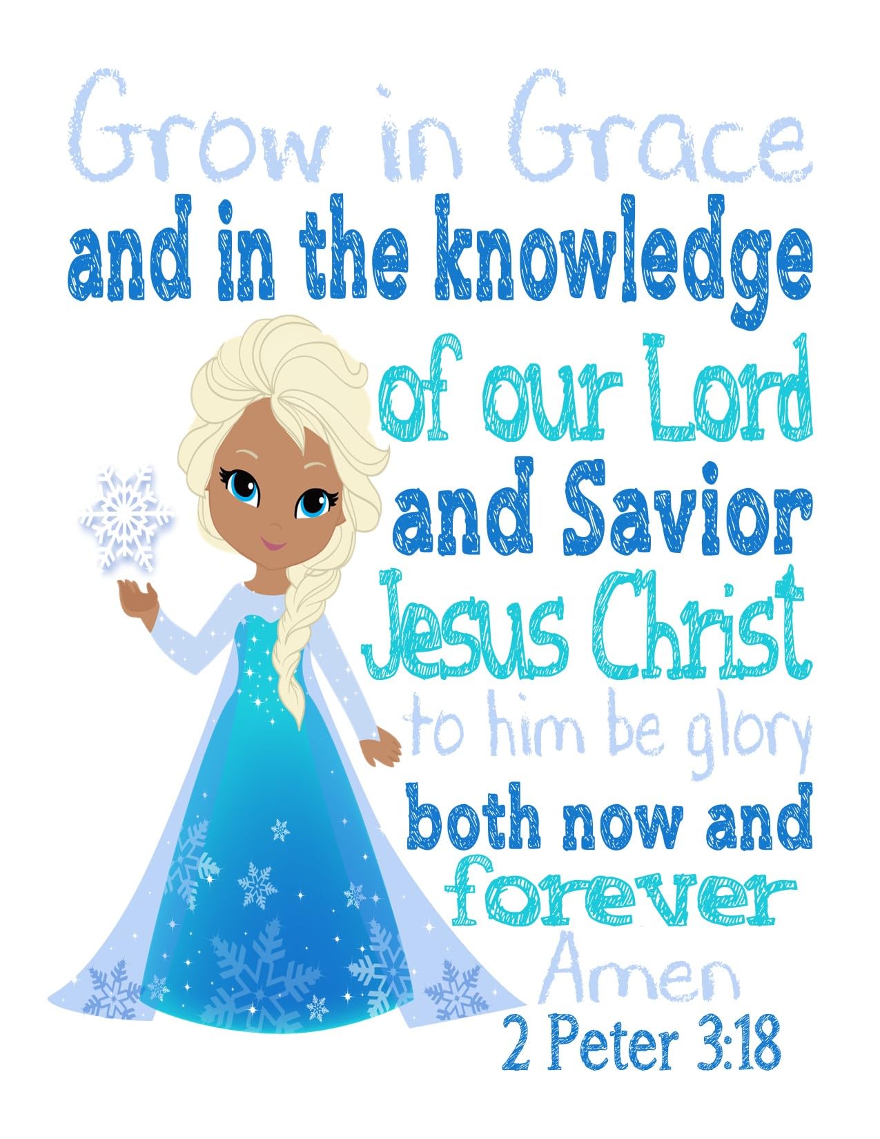 African American Princess Elsa Christian Frozen Nursery Decor - Grow in Grace & Knowledge 2 Peter 3:18 Bible Verse Wall Art - Perfect for Baby Girl's Room, Sunday School & Christian Home Decor