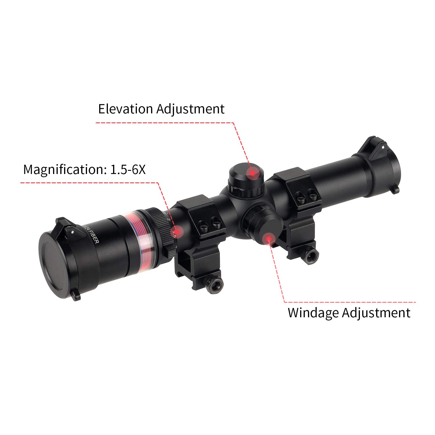 1.5-6X24mm Tactical Rifle Scope with Red Fiber Optic & Picatinny Rail - 1/4 MOA, Fully Multi-Coated, One-Piece Aluminum Tube, Second Focal Plane (Includes 11mm & 20mm Rings) - Perfect for Hunting, Target Shooting & Tactical Operations