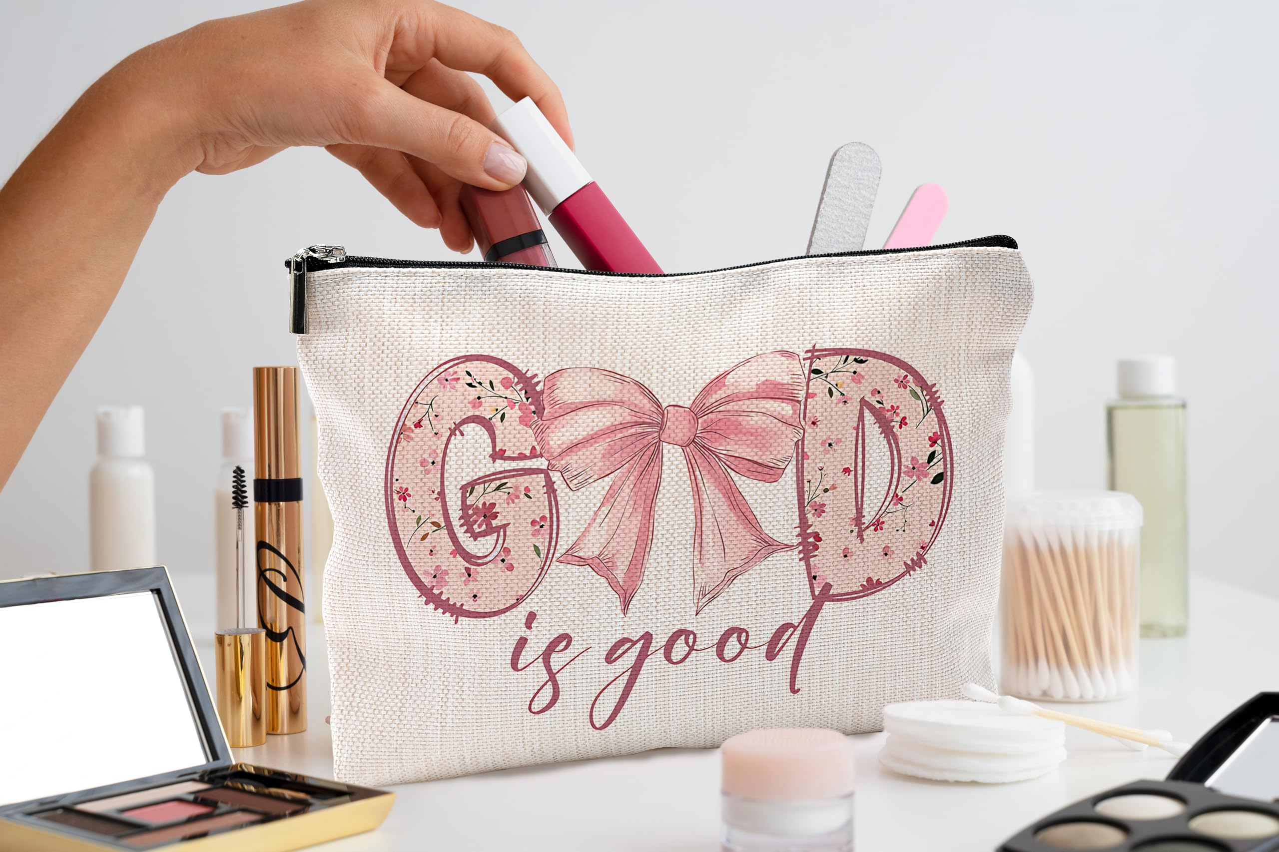 God is Good Makeup Bag - Coquette Pink Bow Cosmetic Case for Women | Christian Gifts, Cute Preppy Makeup Pouch | Perfect for Travel, Church, Bridal Showers & Birthday Presents
