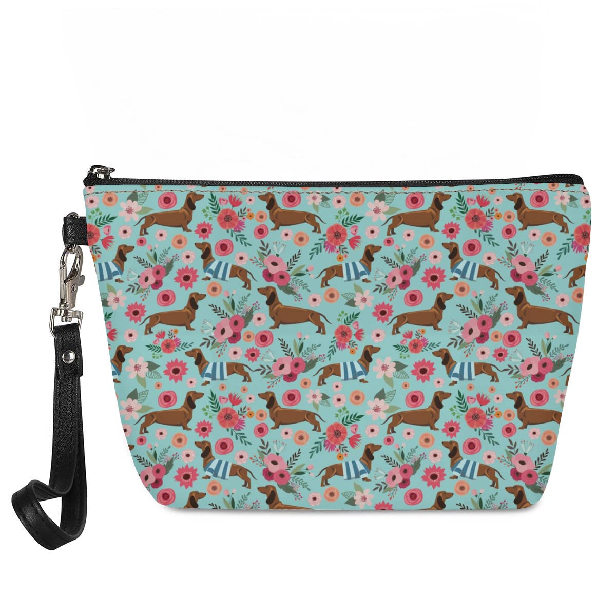Jeiento Waterproof Makeup Bag for Women - Travel Cosmetic Organizer with Zipper, PU Leather Toiletry Pouch (Floral Dachshund Print) - Perfect for Travel, Gym, and Daily Beauty Storage