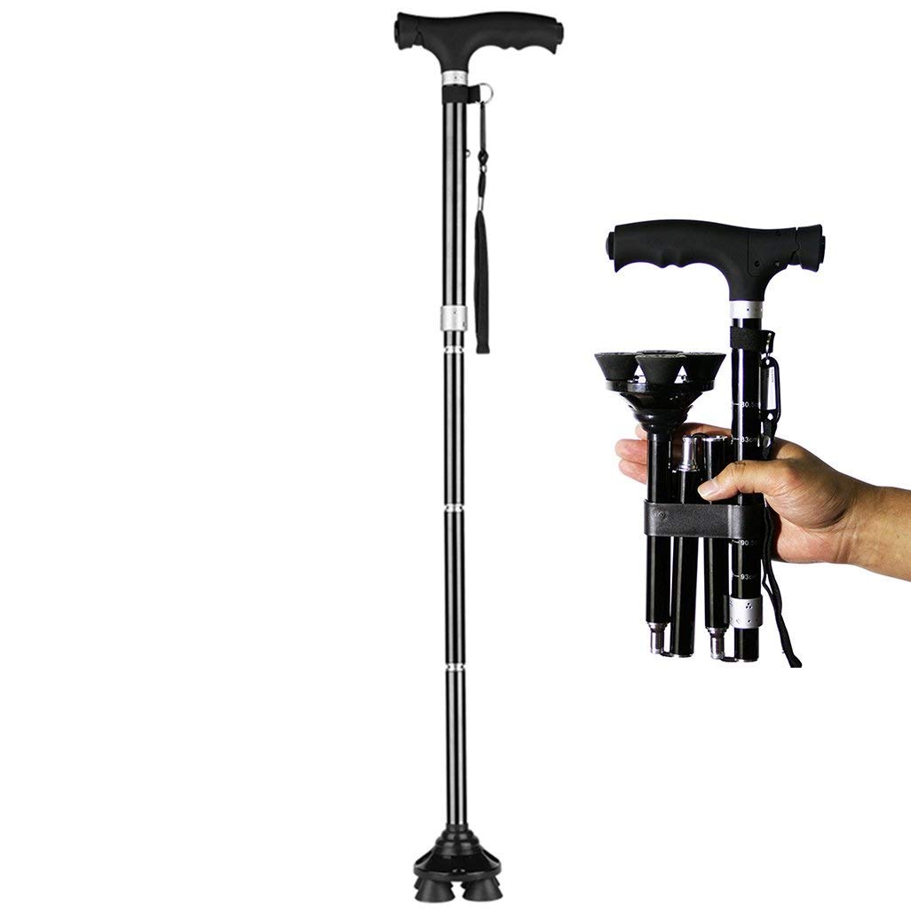 Adjustable Folding Walking Cane with LED Light & Pivoting Quad Base - Lightweight Support Cane for Men & Women - Ideal for Hiking, Travel & Daily Mobility Assistance