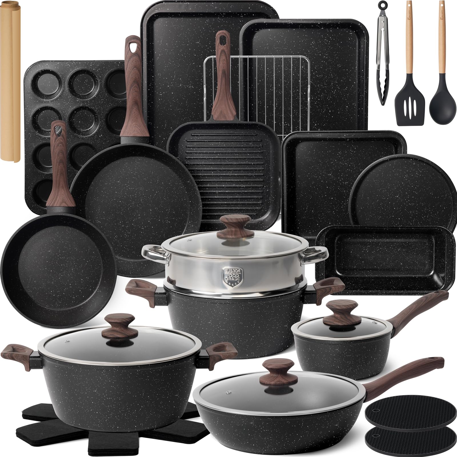 Premium 31-Piece Nonstick Kitchen Cookware Set - Pots, Pans & Bakeware with Frying Pans, Saucepan, Grill Pan & Utensils - Perfect for Home Cooking, Baking & Family Meals