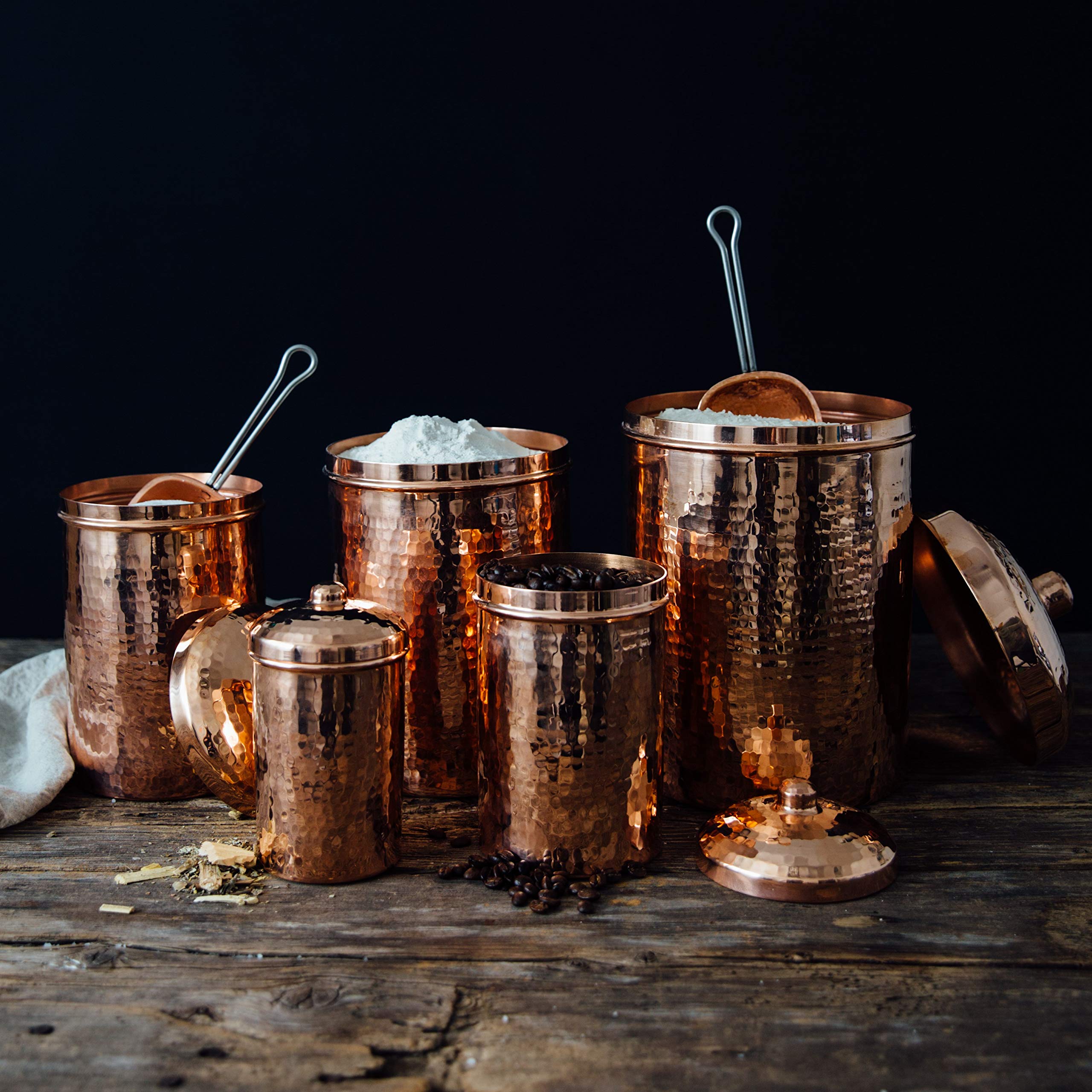 Premium Copper Kitchen Canisters Set - 2 qt, 1 qt & 2 Cup Airtight Food Storage Containers | Hammered Polish Finish for Shine & Durability | Eco-Friendly Recycled Copper | Perfect for Flour, Sugar, Coffee & Pantry Organization | Elegant Countertop Decor for Modern Kitchens