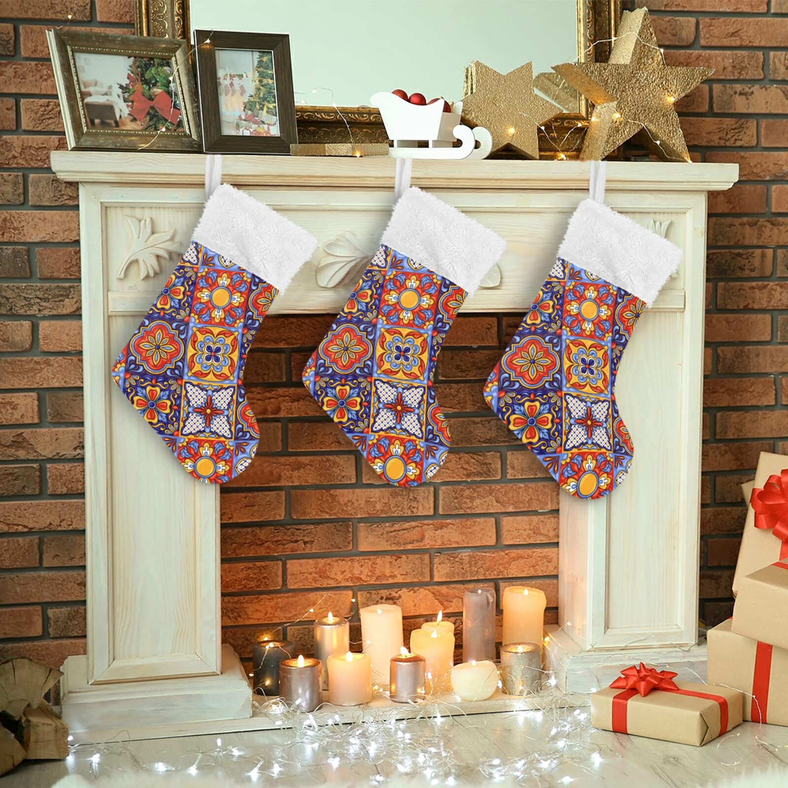 Personalized Mexican Talavera Christmas Stockings - 18 Inch Large Xmas Stockings with Cute Snowflake Design for Holiday Decorations, Family Parties & Christmas Gifts | Perfect for Fireplace Mantel, Tree Decor & Festive Home Decor