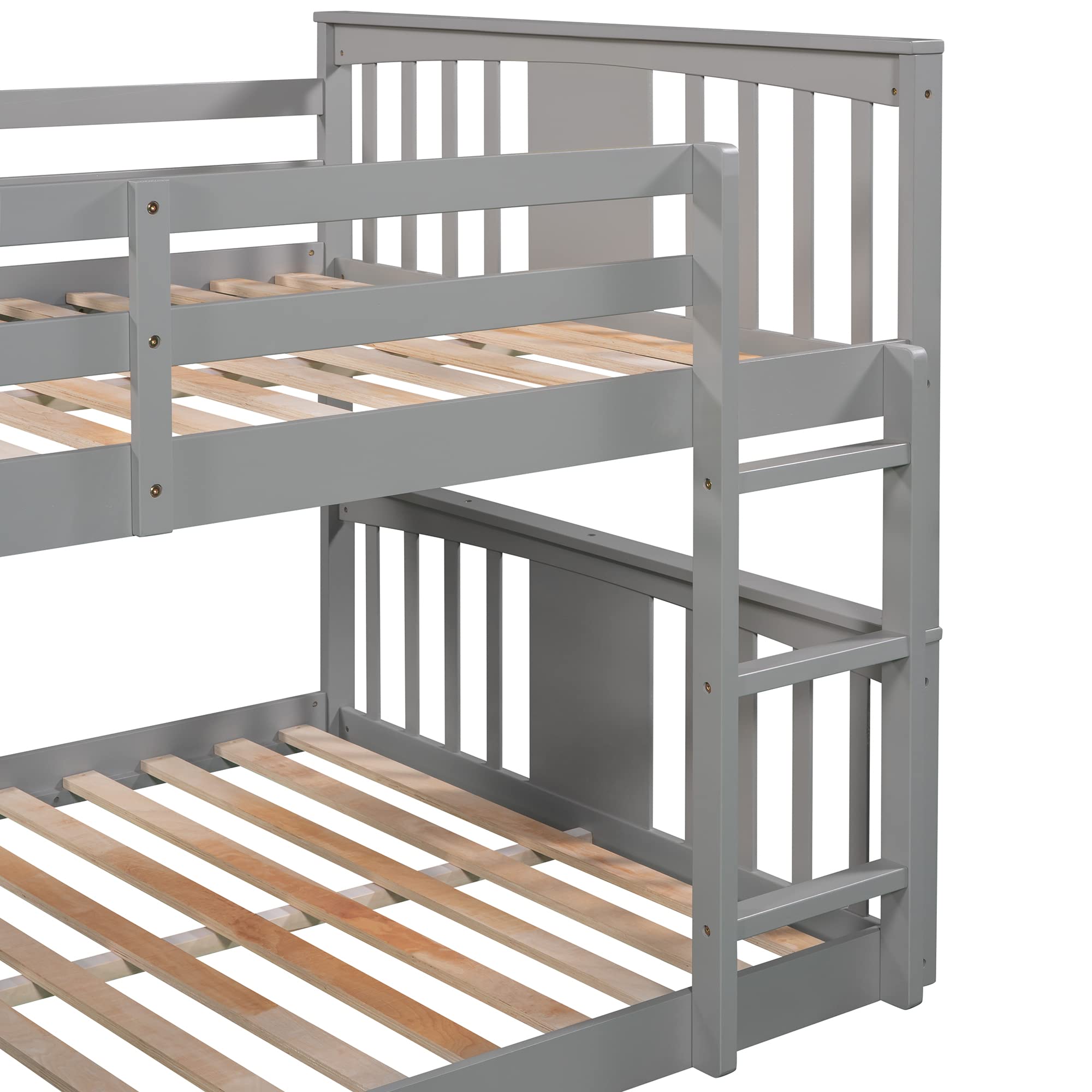 Harper & Bright Designs Wooden Full Over Full Low Bunk Bed with Ladder - Sturdy Floor Bunk Bed Frame for Kids & Toddlers, No Box Spring Needed, Slat Support Included (Grey) - Perfect for Small Bedrooms, Guest Rooms & Space-Saving Kids' Rooms