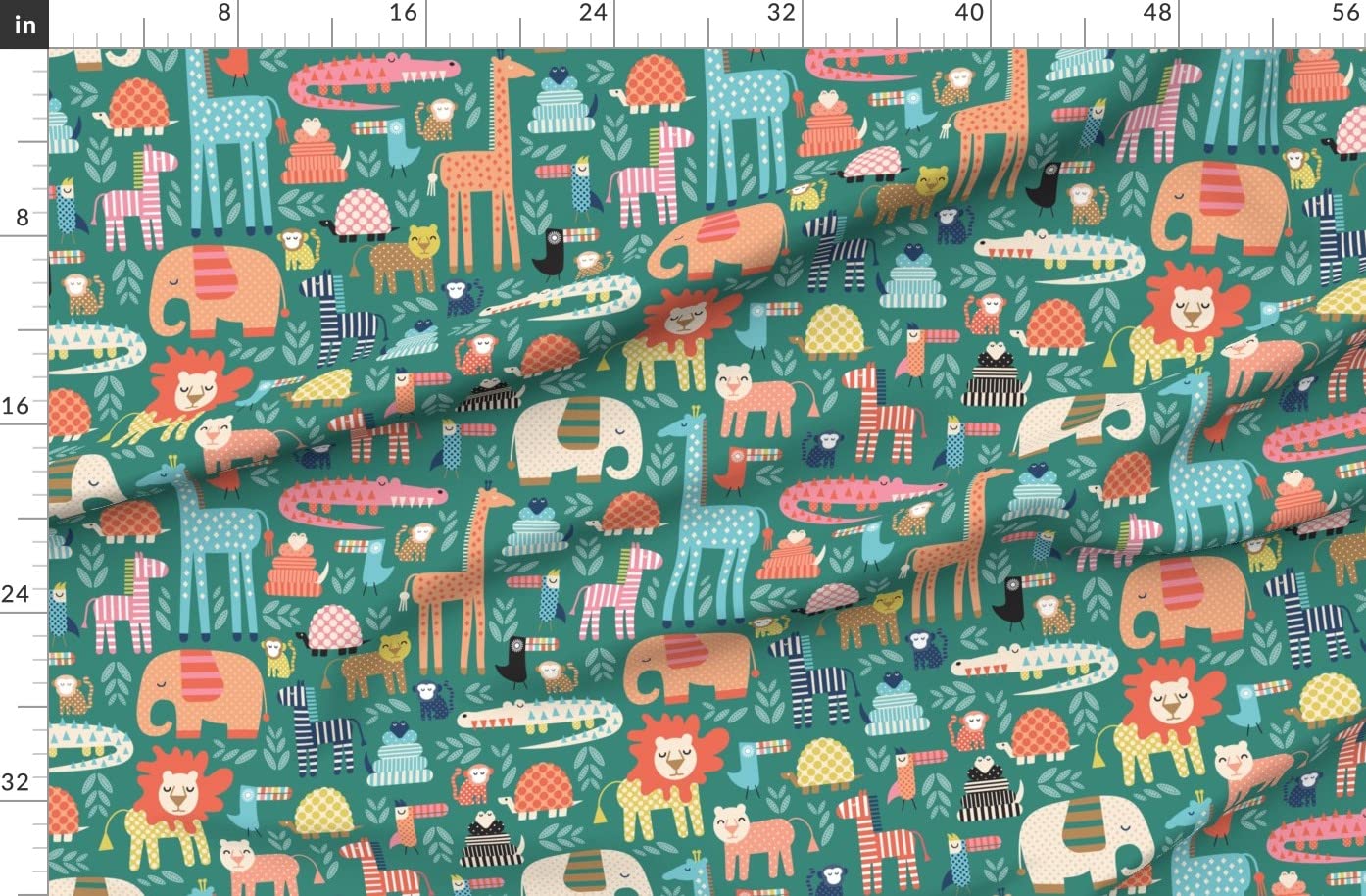 Jungle Fun Large Birds & Animals Printed Organic Cotton Sateen Fabric by The Yard - Lion, Zebra, Monkey, Giraffe Design for Sewing, Quilting, Apparel & Home Decor | Perfect for DIY Projects, Kids' Clothing & Nursery Decor