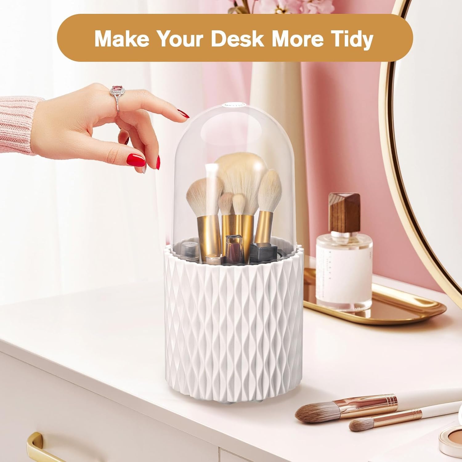 INOVERA 5 Slot Makeup Brush Holder | 360° Rotating Cosmetic Organizer with Dustproof Lid | Brush Storage Case for Women & Girls | Perfect for Vanity, Travel & Salon Use (White)