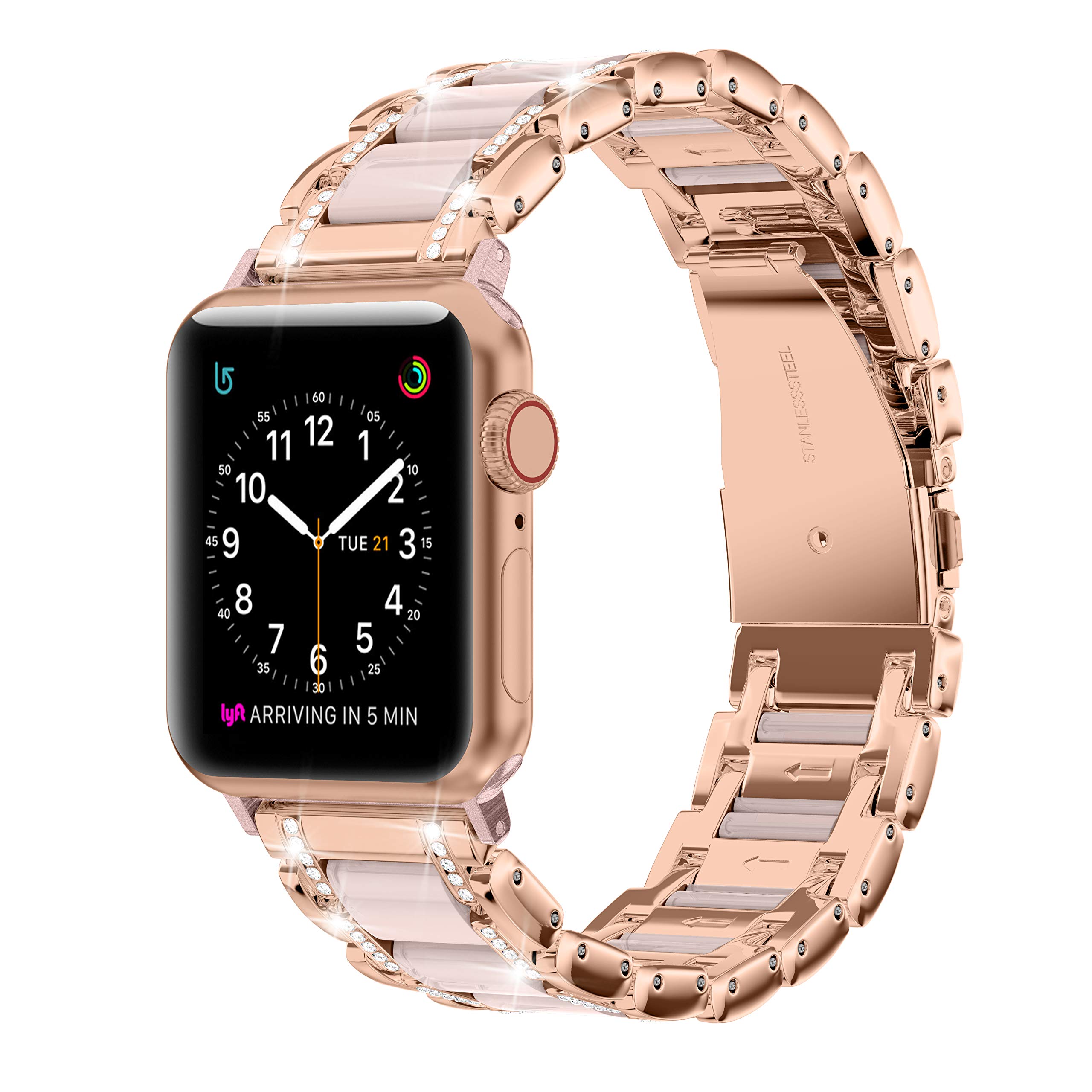 Stylish Rose Gold Rhinestone Resin Metal Band for Apple Watch 42/44/45/46/49mm - Compatible with iWatch Series 10/9/8/7/6/5/4/3/2/1/SE/Ultra - Elegant Bling Diamond Bracelet for Women | Perfect for Parties, Weddings & Everyday Fashion Accessories