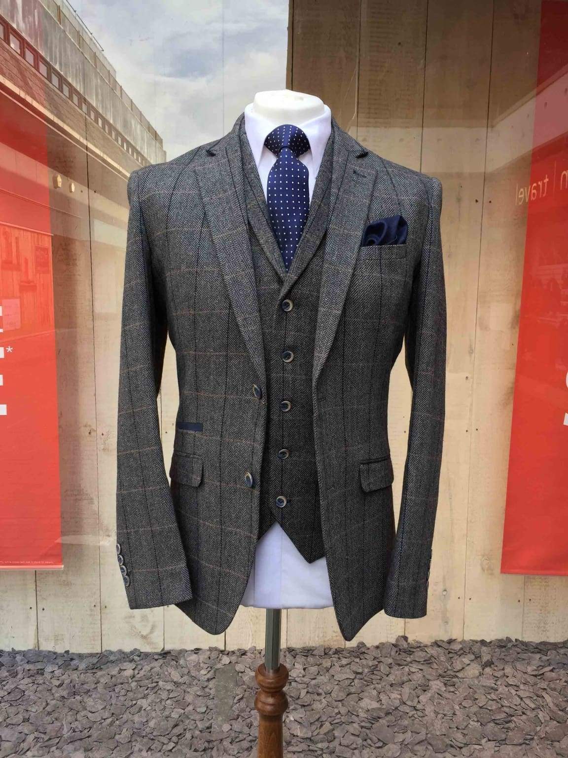 House of Cavani Grey Tweed 3-Piece Slim Fit Suit for Men | Formal Business Attire, Wedding & Special Occasions