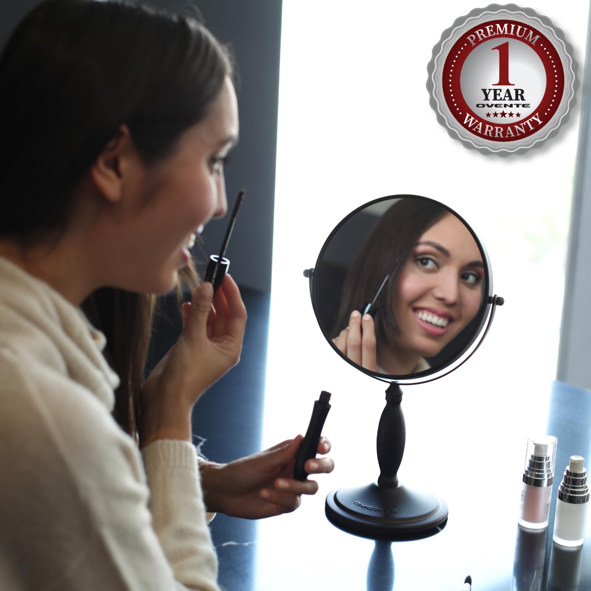 OVENTE 8-Inch Double-Sided Vanity Mirror with 1X/7X Magnification, 360° Swivel Stand - Antique Bronze Makeup Mirror for Dresser, Bedroom & Office Desk | Perfect for Applying Makeup, Skincare & Grooming