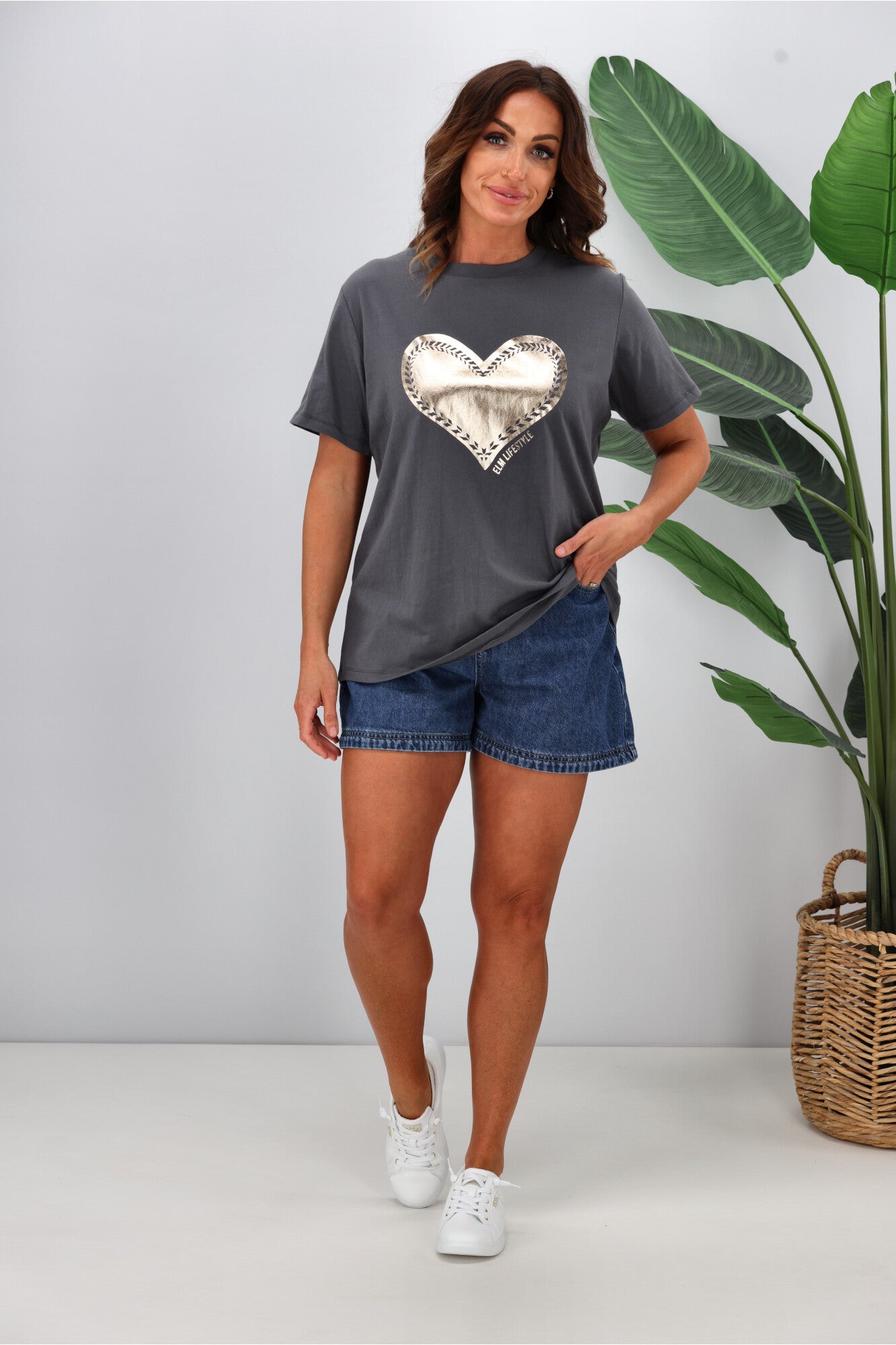 Elm Hearts Fancy Heart Graphic T-Shirt - Washed Black Cotton Tee for Women | Casual Streetwear, Date Night Outfit, Gift for Her