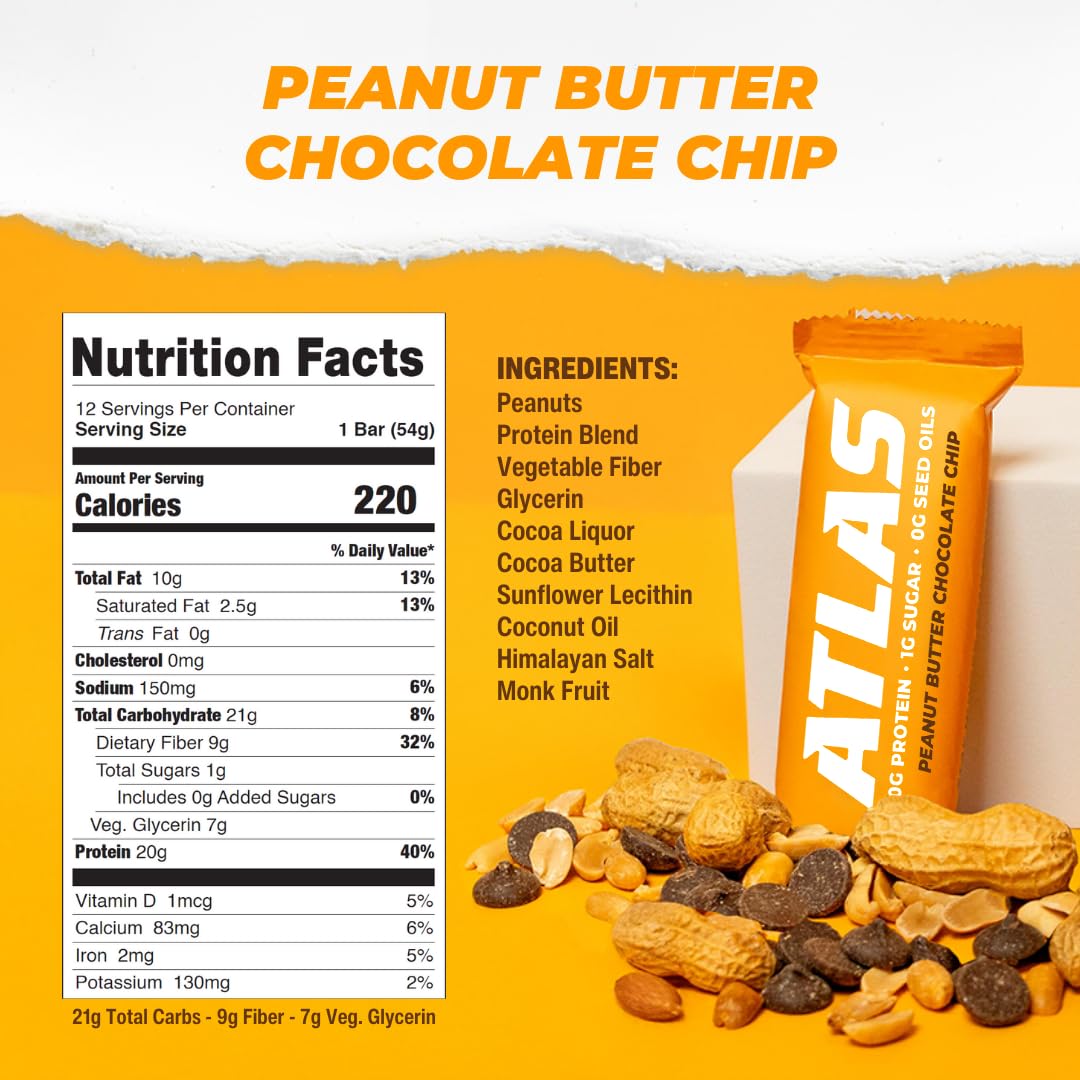 Atlas Protein Bar - High Protein 20g, Low Sugar 1g, Gluten Free, Clean Ingredients - Peanut Butter Chocolate Chip Flavor (Pack of 2, 24 Bars Total) - Perfect for Post-Workout Recovery, Healthy Snacking & On-the-Go Nutrition