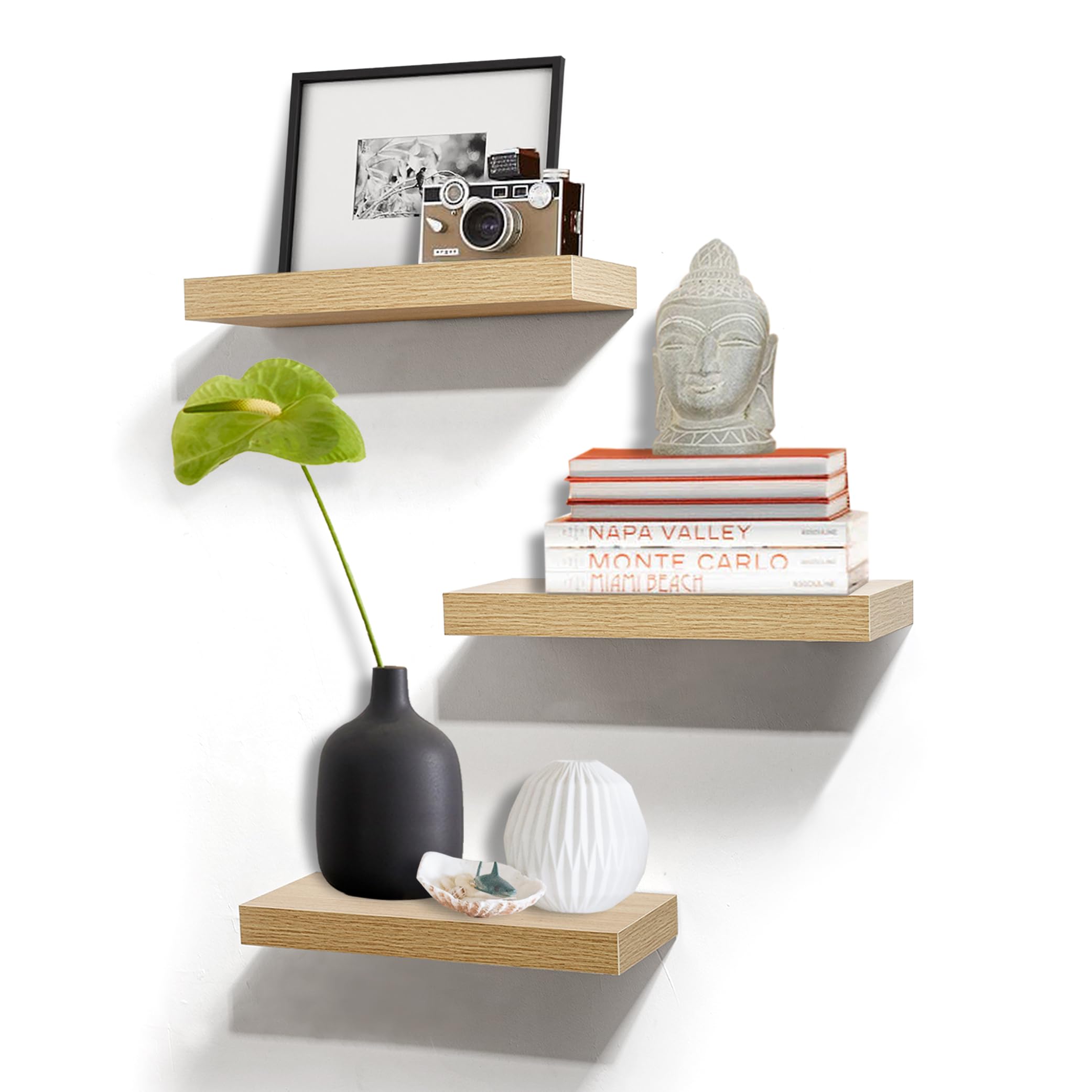 AHDECOR Floating Shelves Set of 3 - Rustic Wooden Wall Mounted Shelves for Home Decor | Bedroom, Living Room, Kitchen & Office Storage | Easy to Install & Sturdy Design | Perfect for Displaying Books, Plants & Decorative Items