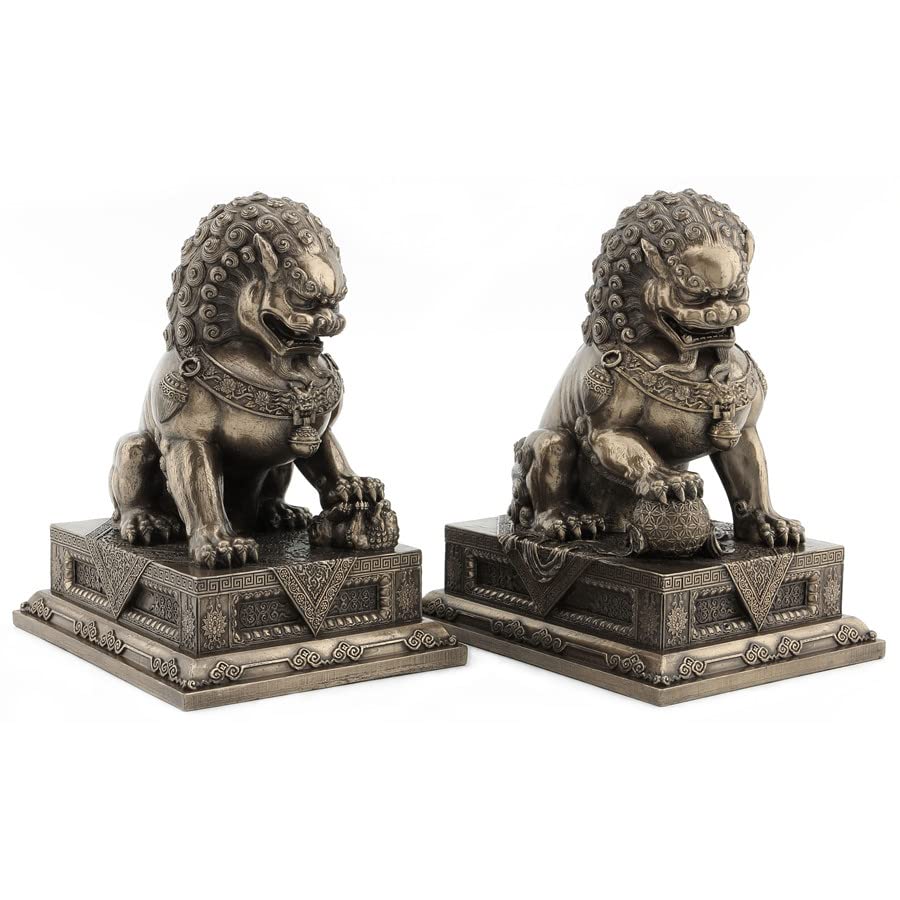 Chinese Guardian Lion Statues - Feng Shui Foo Dog Bookends for Home & Office Decor, Wealth & Protection | Elegant Resin Sculptures for Desk, Shelf, or Gift