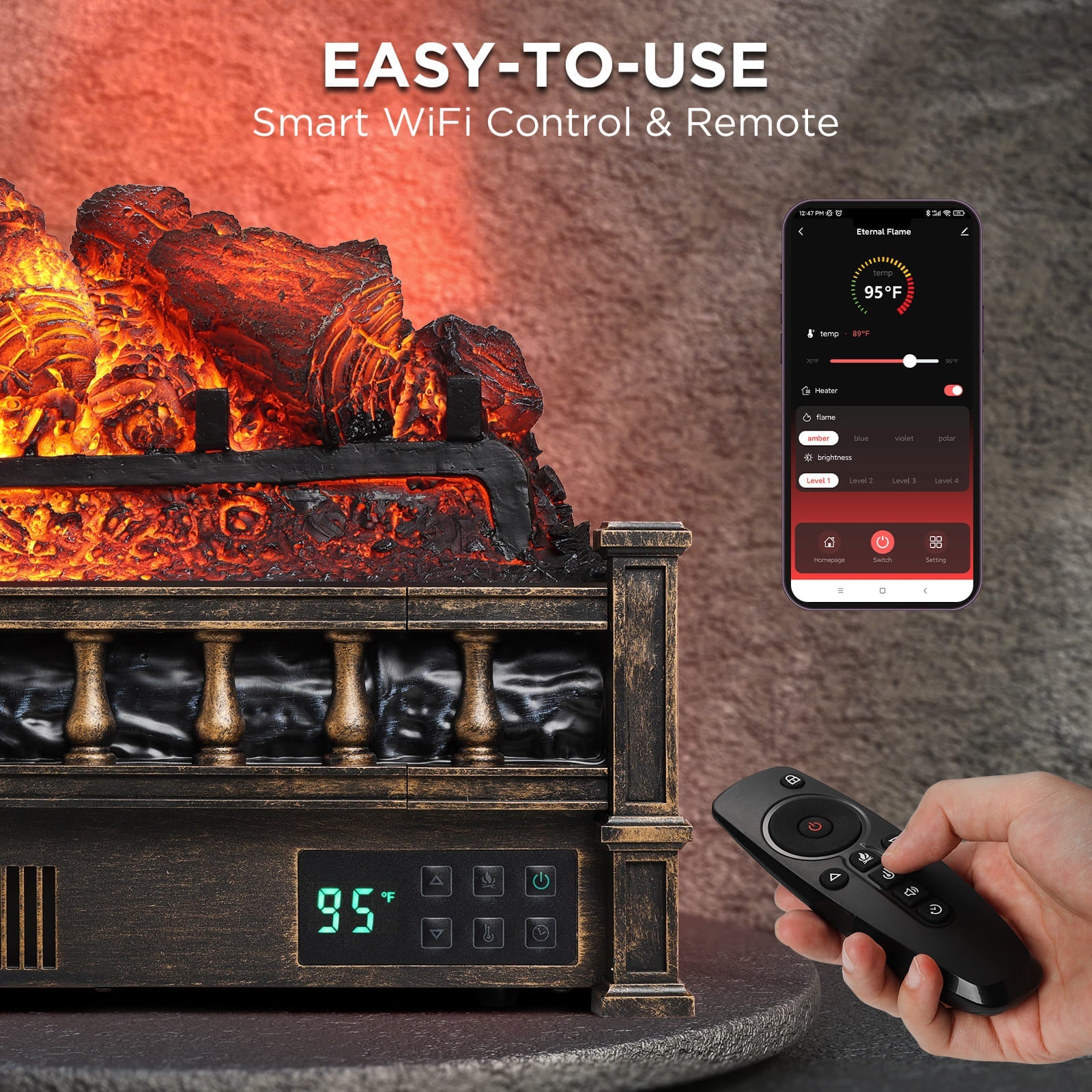 Eternal Flame EF26 PB Smart WiFi Electric Fireplace Logs - Remote Control, Realistic Flames, Energy Efficient for Living Room, Bedroom & Office Heating