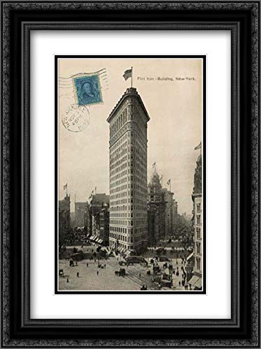 Wild Apple Portfolio 15x18 Black Ornate Framed Double Matted Museum Art Print - Flat Iron 1909 Vintage New York City Skyline Wall Decor for Living Room, Office & Gallery