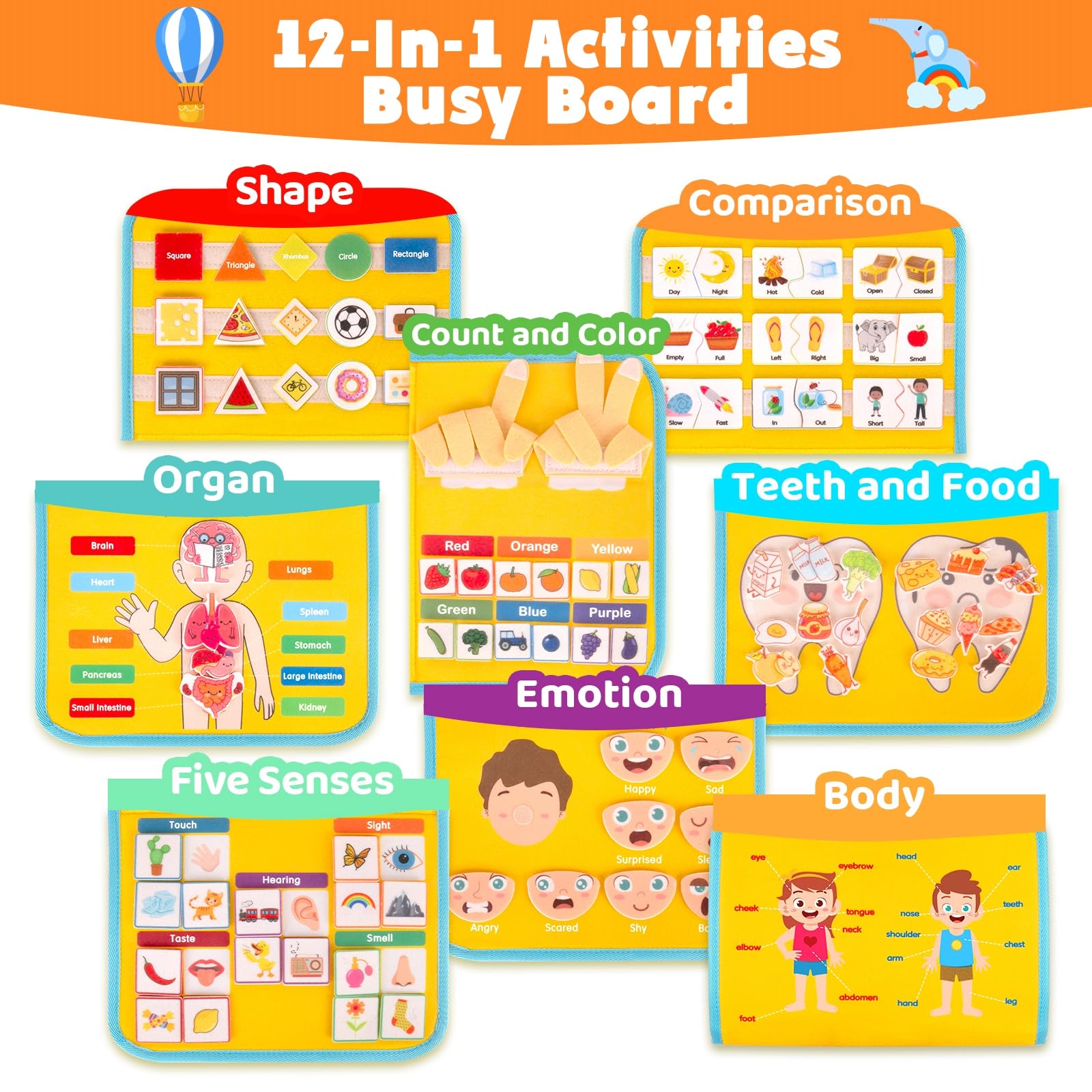 Montessori Busy Board for Toddlers - Sensory Learning Toy for Fine Motor Skills Development - Educational Activity Board for Boys & Girls - Perfect Christmas & Birthday Gift (Yellow) - Ideal for Home, Travel & Classroom Learning