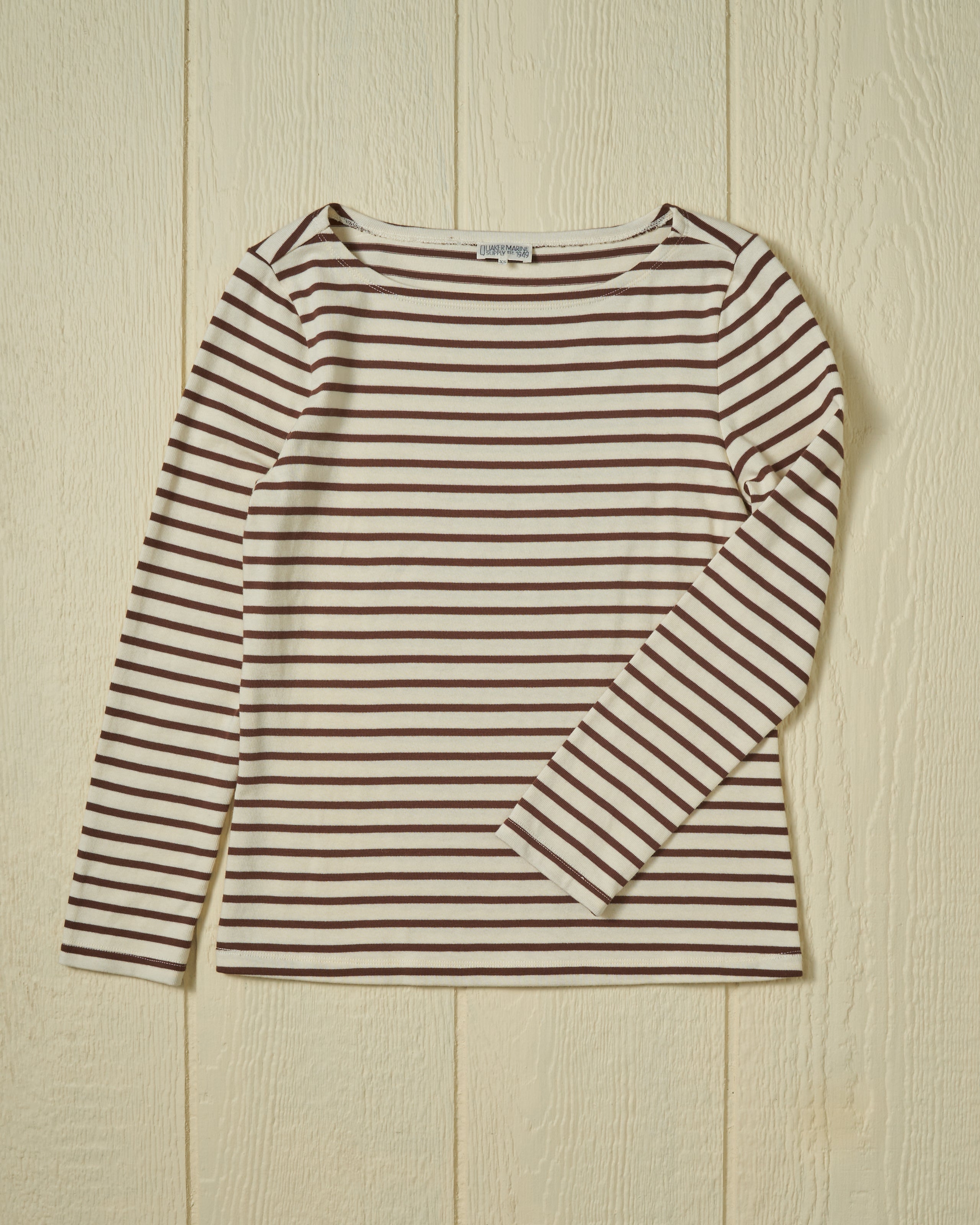 Women's Breton Stripe Boatneck Tee - Off White & Coffee Stripes | Casual French-Inspired Top for Everyday Wear, Weekend Outings & Layering