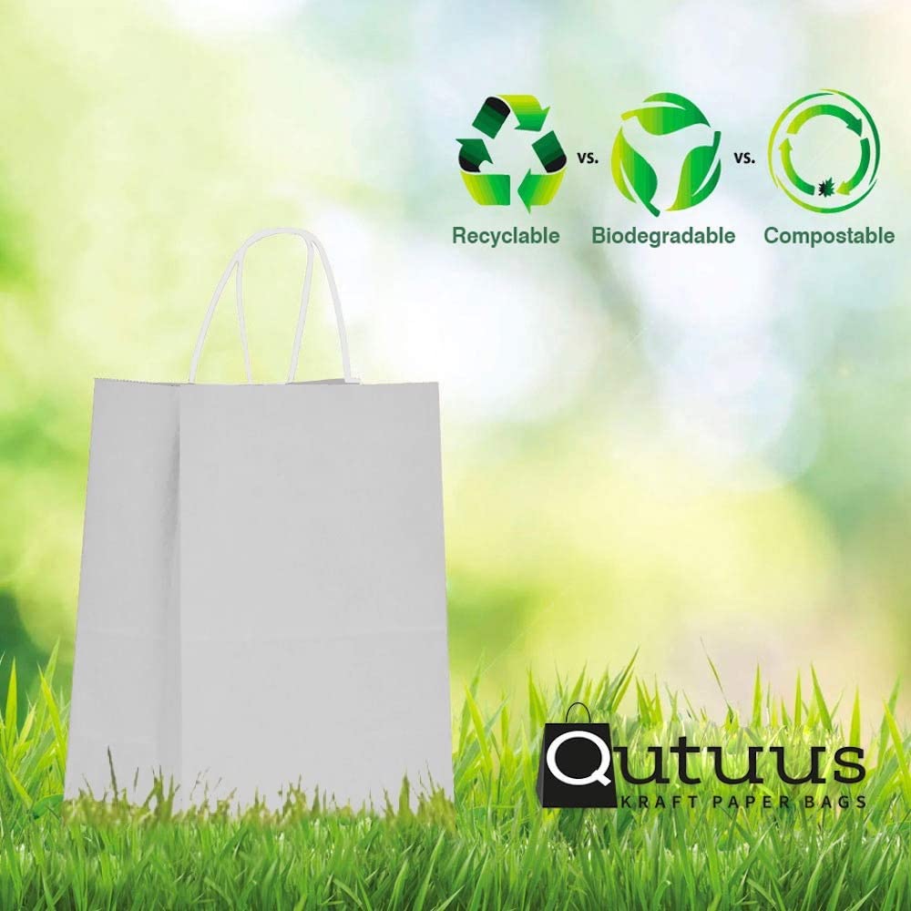 100Pcs White Kraft Paper Gift Bags with Handles 8x4.5x10 Inches - Bulk Medium Party Favor Bags for Valentine's Day, Weddings, Baby Showers & Retail Packaging | Eco-Friendly Gift Sacks for Candy, Cookies & Small Presents