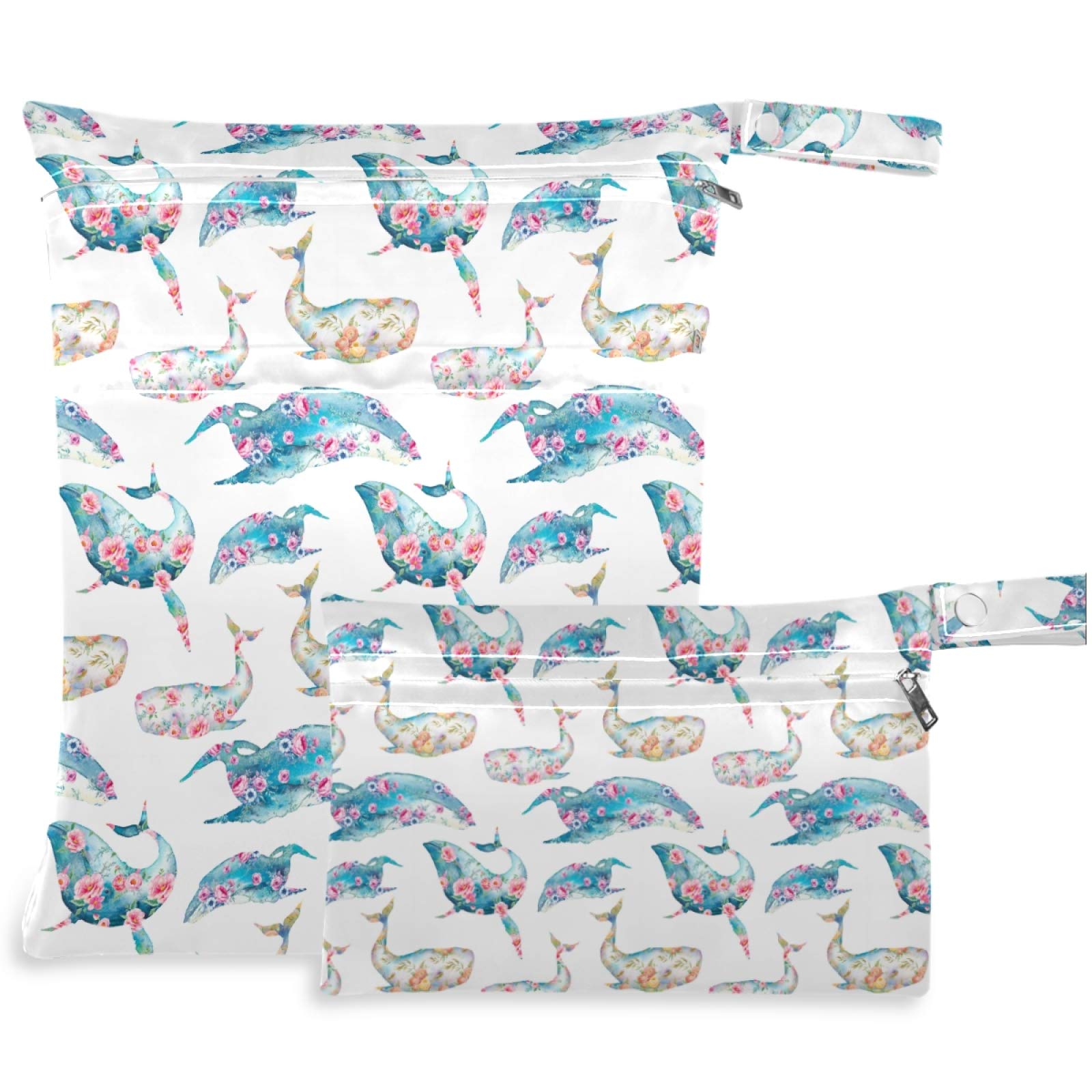 Visesunny Blue Whale & Peony Floral 2-Piece Wet Bags Set - Waterproof Zippered Pockets, Washable & Reusable for Travel, Beach, Pool, Daycare | Perfect for Stroller Organization, Diaper Storage, Gym Clothes & Wet Swimsuits