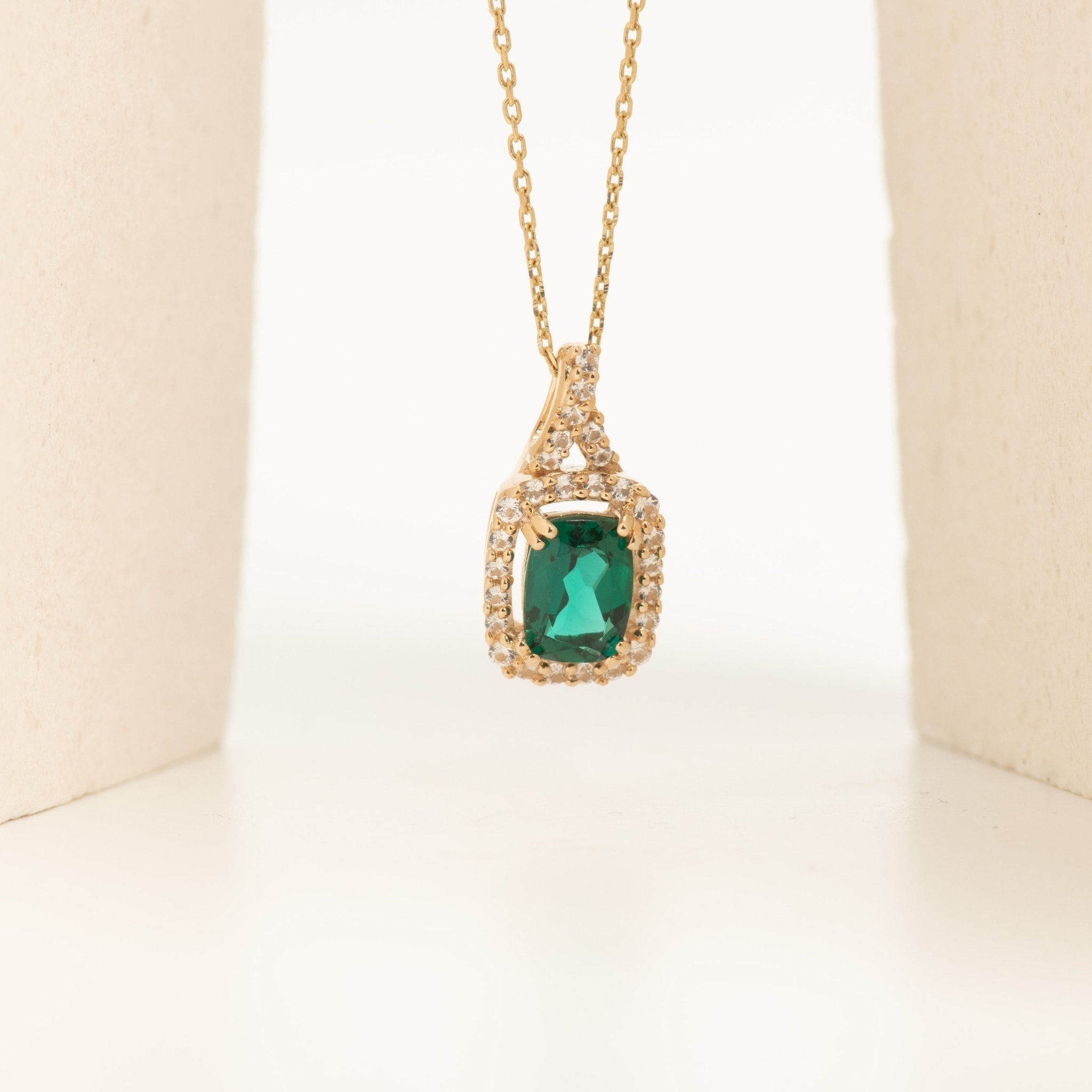 10k Yellow Gold Cushion Cut Emerald Pendant with White Sapphire Halo - Elegant Dainty Jewelry for Women, Perfect Gift for Anniversary, Birthday & Special Occasions