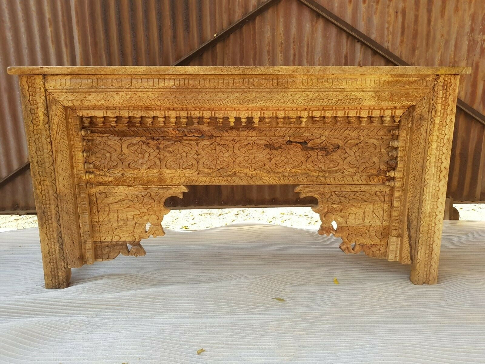Hand Carved Indian Solid Wood Console Table - Natural Finish - Entryway, Hallway & Living Room Decor