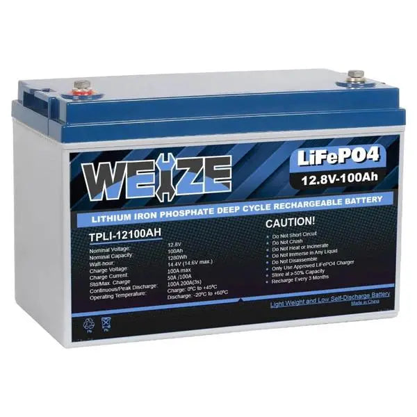 WEIZE 12V 100Ah LiFePO4 Lithium Deep Cycle Battery with Smart BMS - 10-Year Warranty, Low Self-Discharge (3%/Month) - Perfect for RV, Solar Power, Marine, Off-Grid & Backup Power Systems