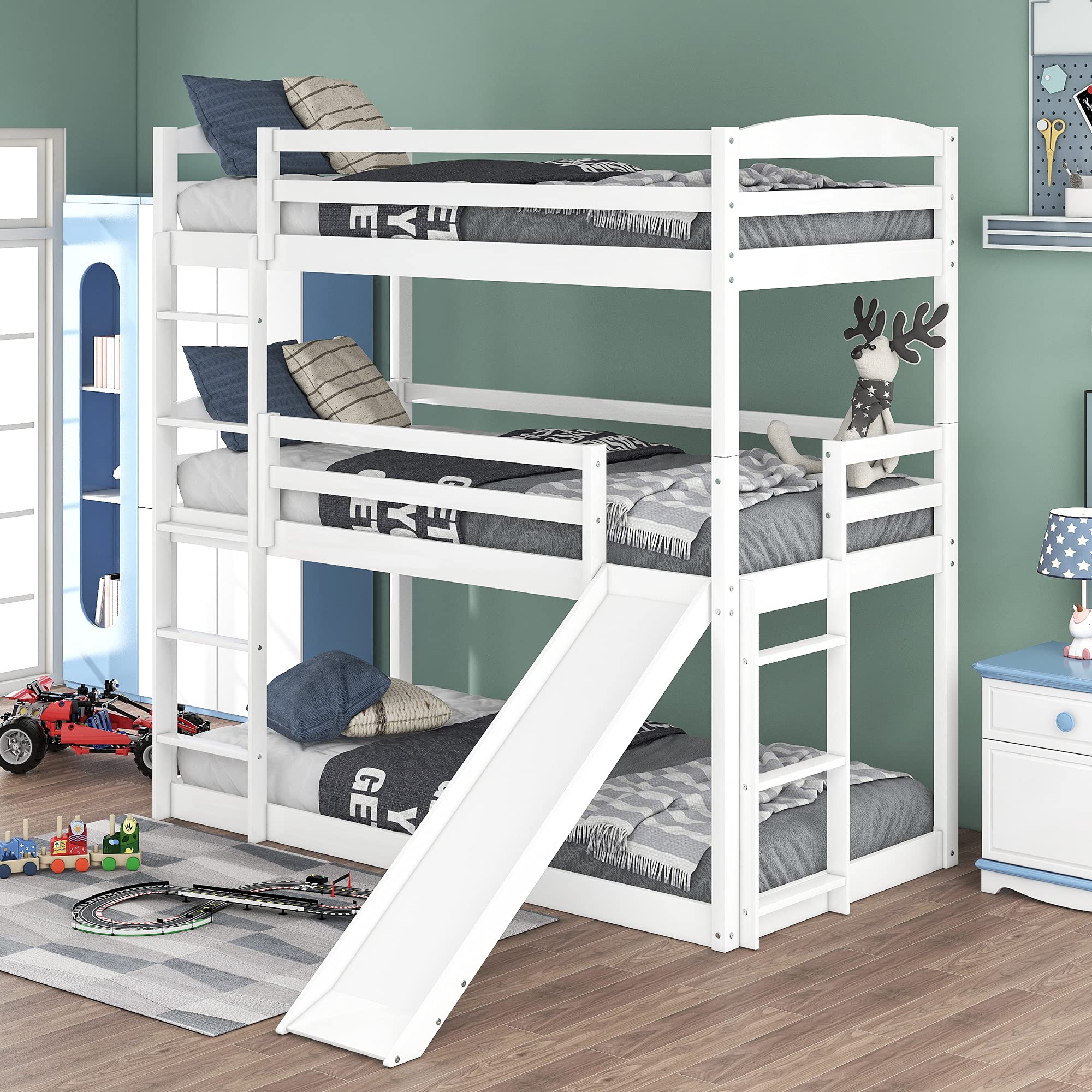 Solid Wood Twin Triple Bunk Beds for Kids & Adults - Sturdy Bunk Bed with Fun Slide, No Box Spring Required (White) | Perfect for Small Bedrooms, Shared Kids Rooms & Vacation Homes