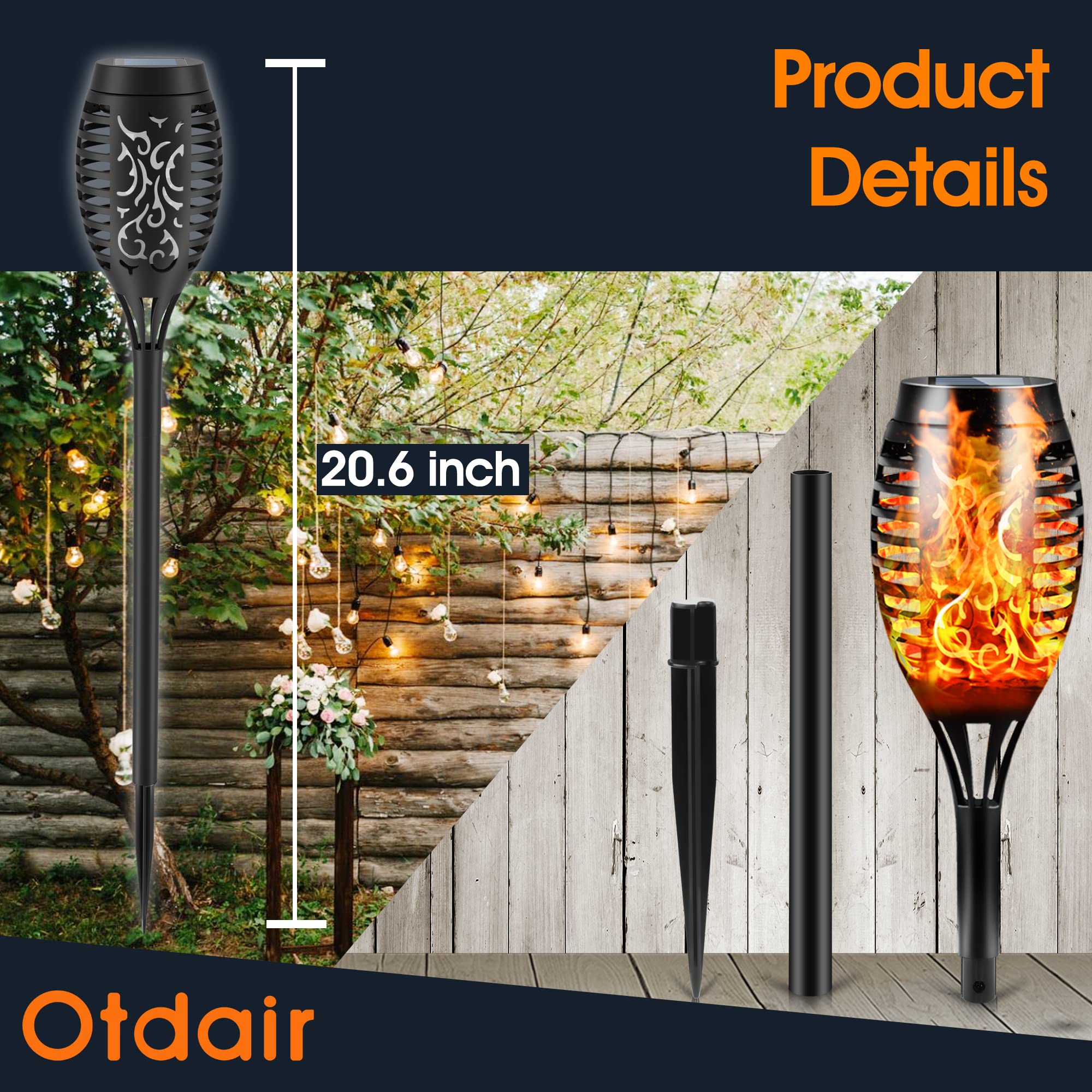 16 Pack Solar Tiki Torches with Flickering Flame - 12 LED IP65 Waterproof Outdoor Lights, Auto On/Off for Garden, Patio, Yard & Pathway - Perfect for Evening BBQs, Pool Parties & Landscape Lighting