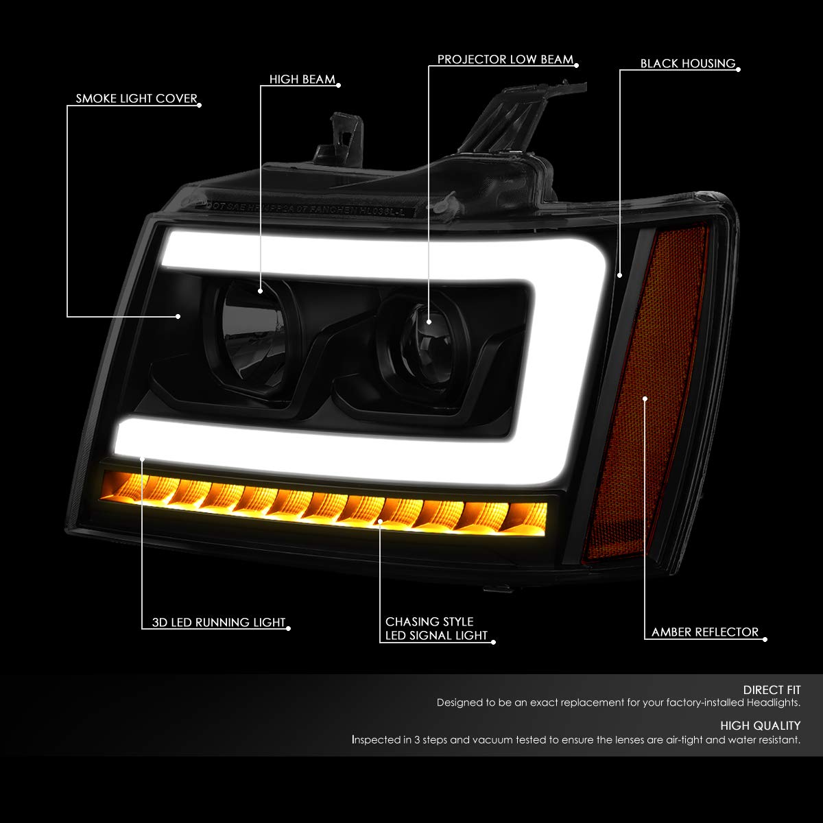 Auto Dynasty LED DRL Headlights Assembly - Compatible with 2007-2014 Chevy Tahoe/Suburban/Avalanche - Pair of Projector Headlamps with LED Sequential Turn Signal - Black Housing & Smoked Lens - Amber Corner - Perfect for Off-Roading & Night Driving