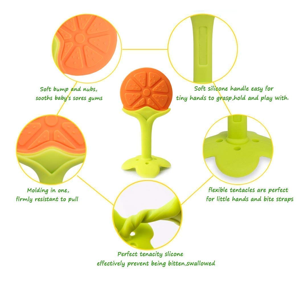 Kritiu BPA-Free Silicone Teether & Baby Spoon Set - Safe Infant Feeding Essentials for 6+ Months Babies - Soft Chewable Teething Toys & Utensils (Yellow & Peach) | Perfect for Soothing Sore Gums & Introducing First Solid Foods