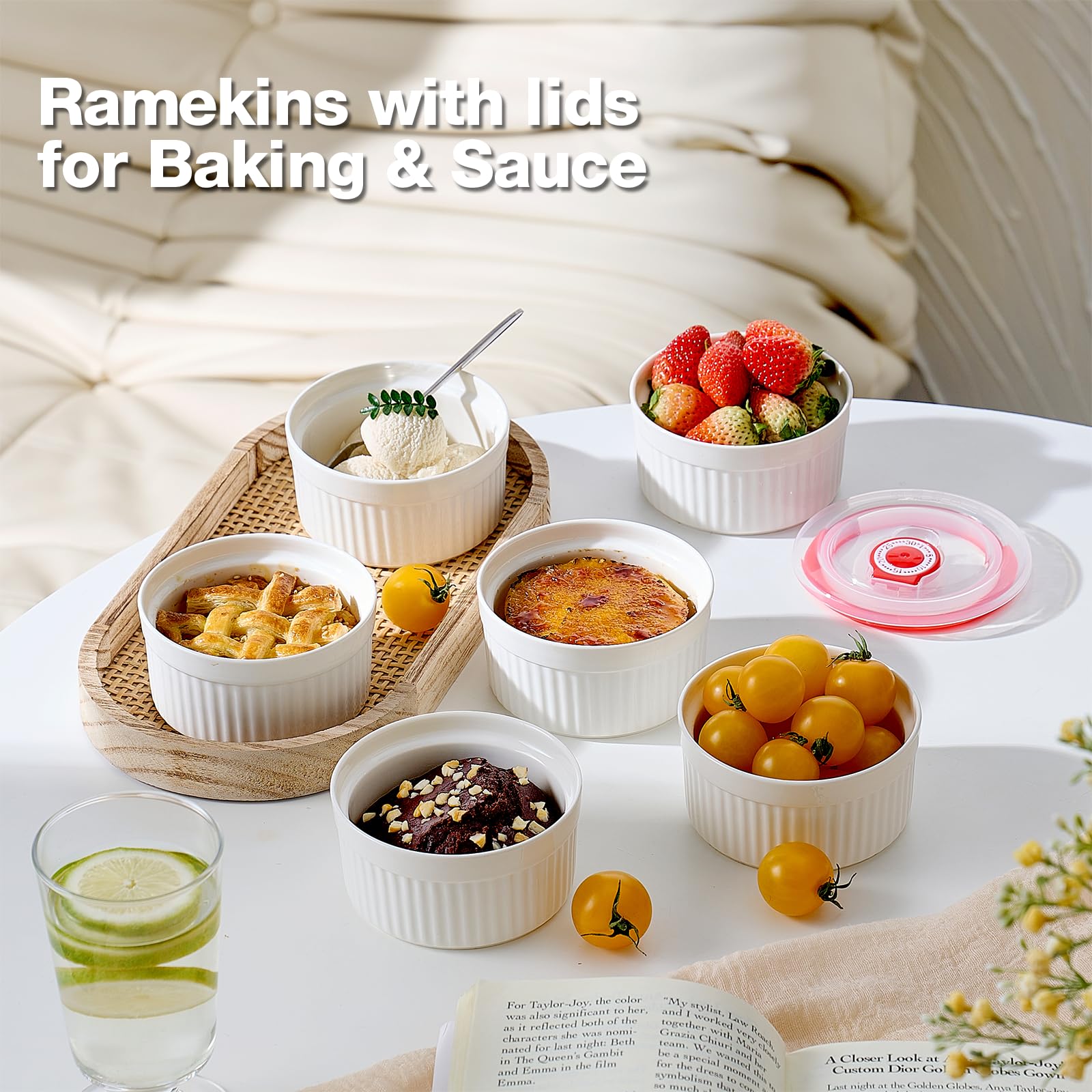 6-Piece Mfacoy Porcelain Ramekins Set with Lids - 8 oz White Oven-Safe Baking Cups for Creme Brulee, Souffle, Pudding & Custard - Perfect for Desserts, Sauces & Small Dishes - Dishwasher & Microwave Safe