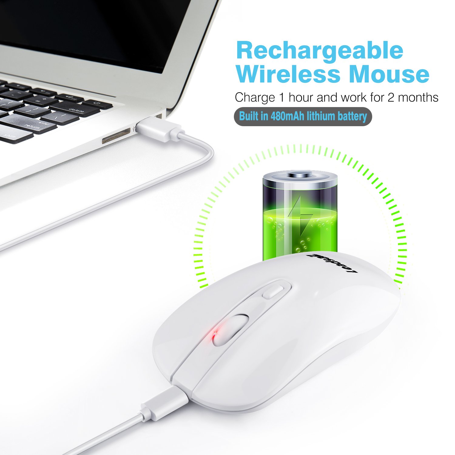 LeadsaiL Rechargeable Wireless Mouse - 2.4G Slim Silent Optical Mouse with 5 Adjustable DPI Levels, USB Cordless Mouse for Laptop, Desktop, MacBook - Ideal for Office, Home, and Travel Use