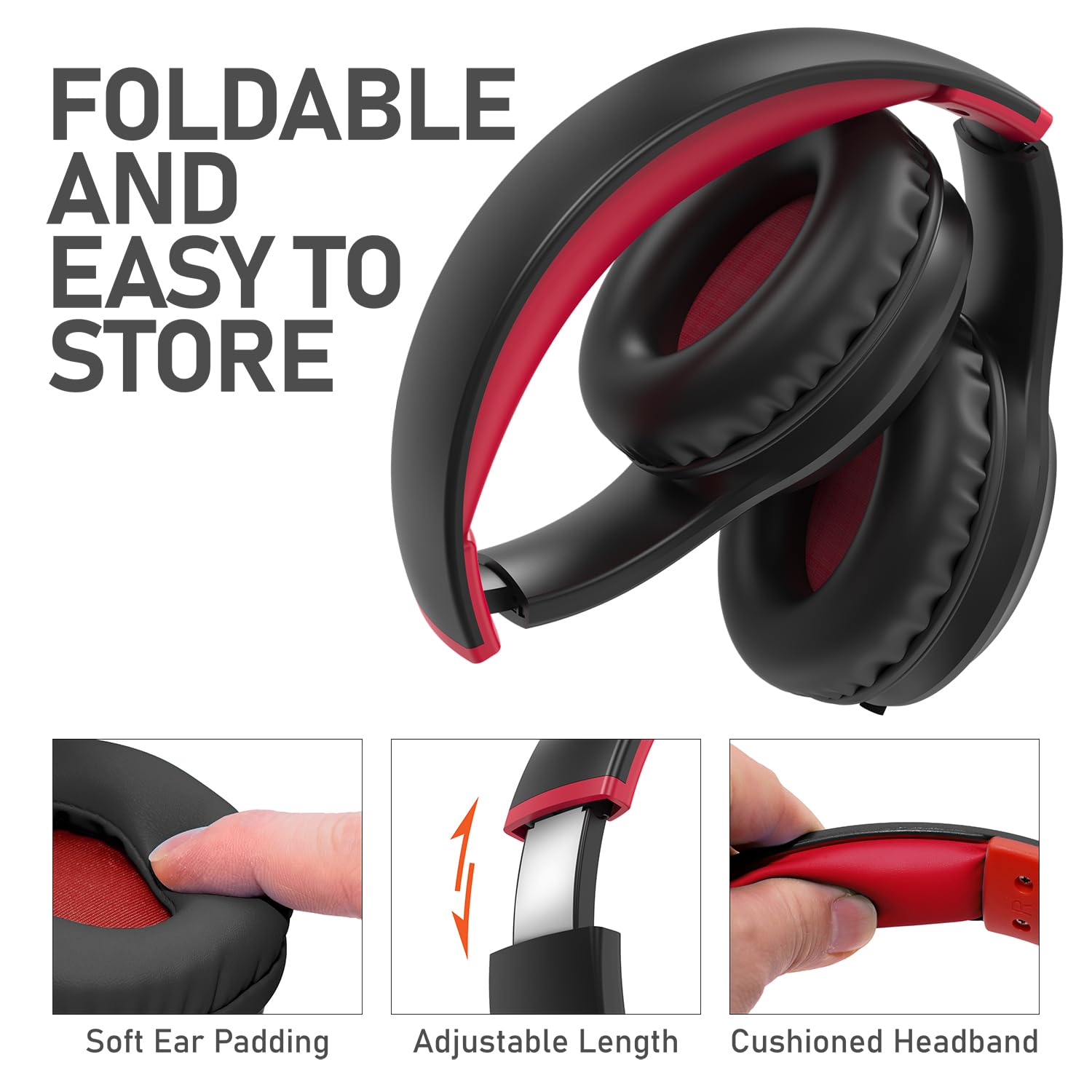 FosPower Kids Headphones with 3.5mm Jack - Volume Limited 85dB Safe Headphones for Children & Teens - Over Ear Foldable Adjustable Headset with Built-in Mic - Compatible with Smartphones, PC, Tablet, Laptop - Ideal for School, Online Classes & Travel - Black/Red