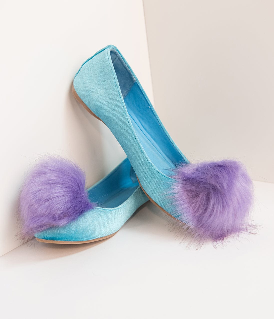 Teal Velvet & Purple Pom Pom Ballet Flats for Women - Comfortable Slip-On Shoes for Casual Wear, Parties & Dance - Trendy & Elegant Flats for Everyday Use