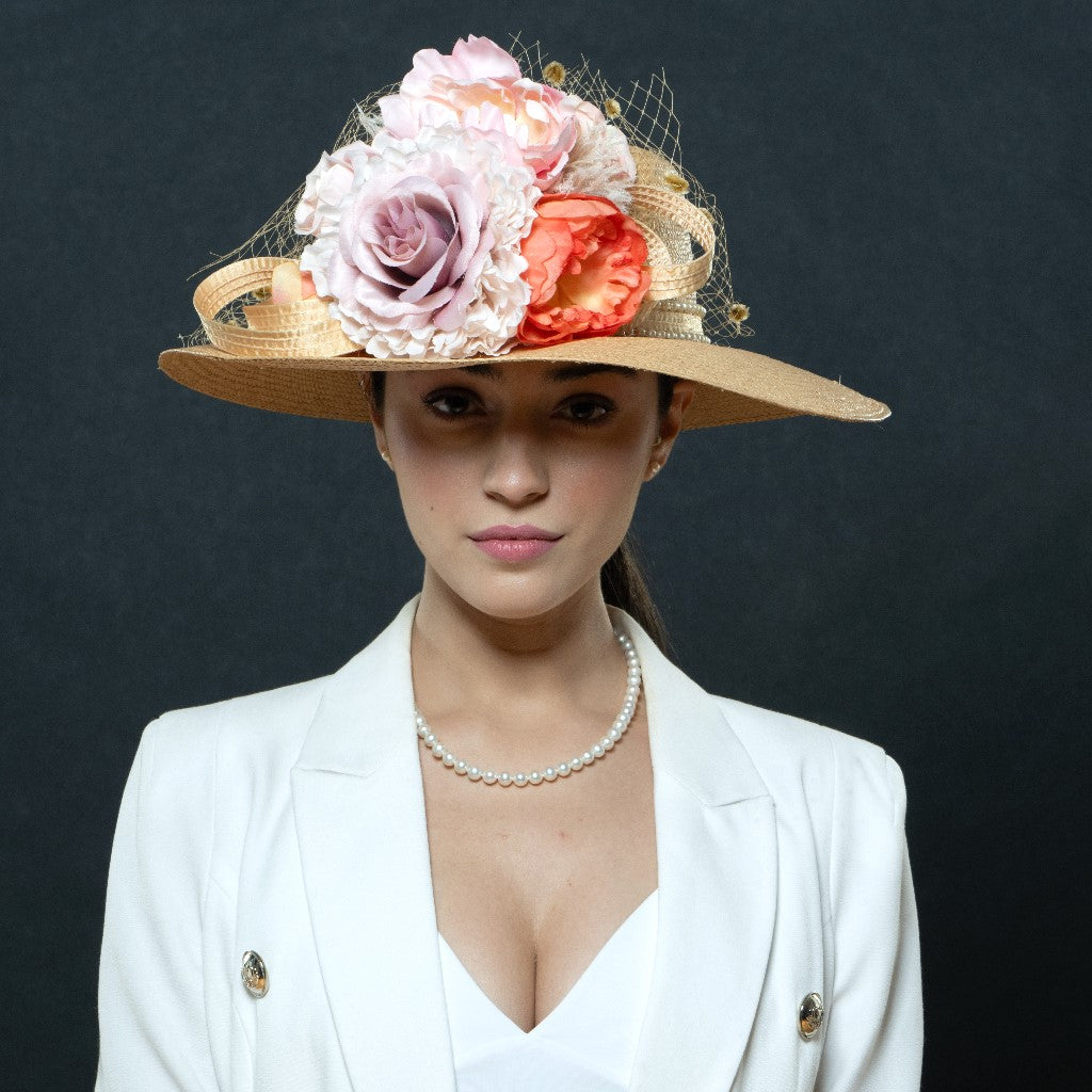 NAL4508 Panama Straw Dress Hat with Flowers - Elegant Summer Sun Hat for Women, Beach Wedding, Garden Party & Outdoor Events