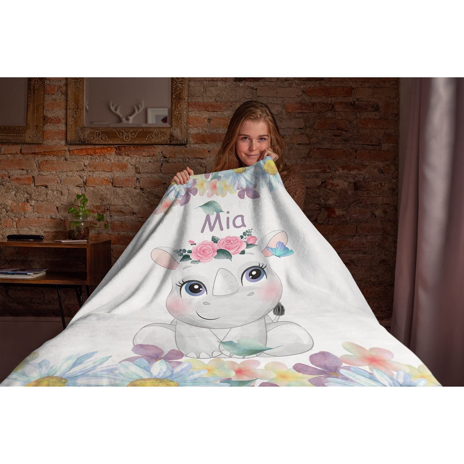 Personalized Rhinoceros Flannel Throw Blanket - Custom Name Blanket for Kids, Family, Birthday & Wedding Gift - 50