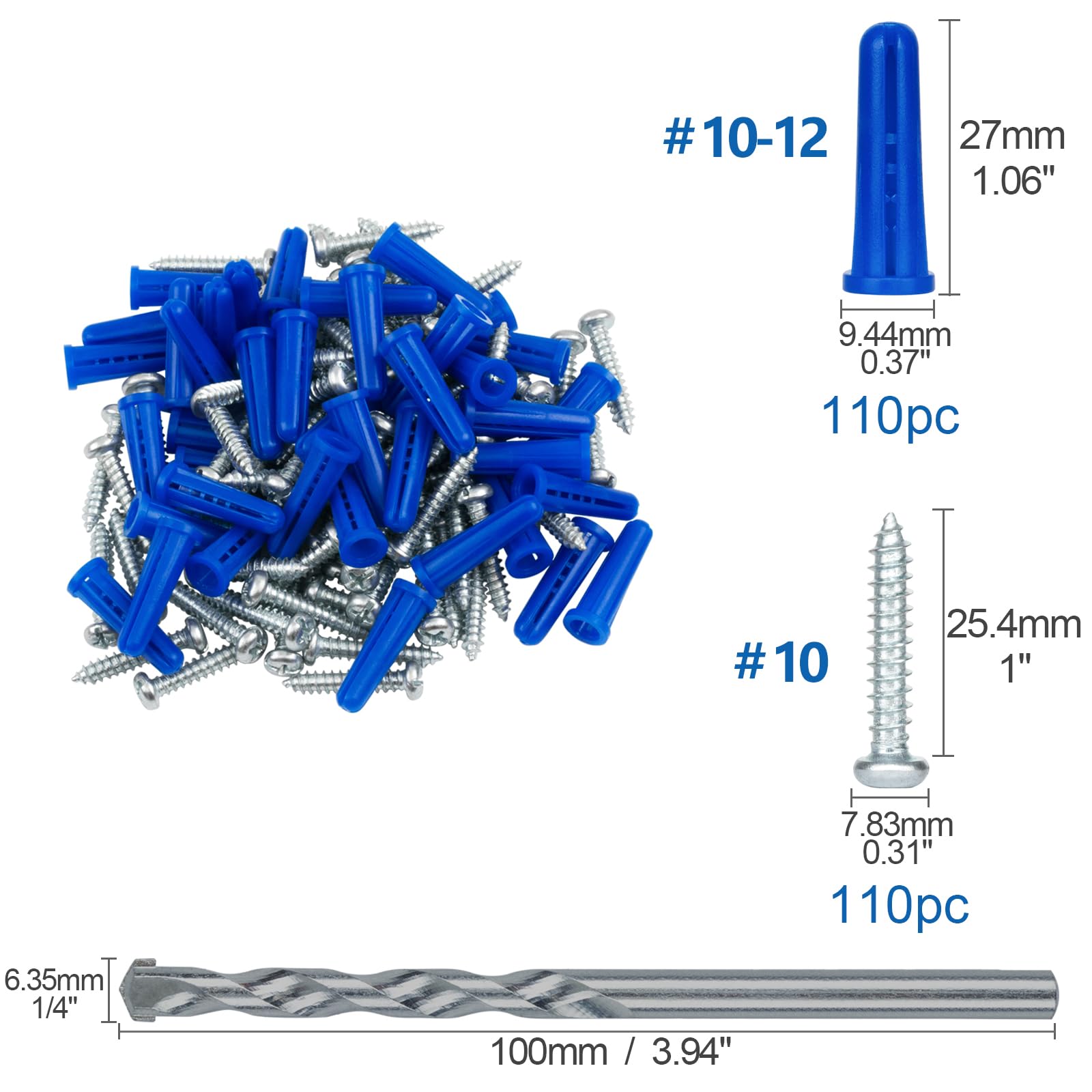 KURUI #10-12 Wall Anchors and Screws Kit - 220PCs Heavy Duty Drywall Anchors for Brick, Masonry, Stucco & Concrete - Includes 110 Plastic Concrete Anchors & 110 Wood Screws - Perfect for Hanging Pictures, Curtain Rods & Shelves