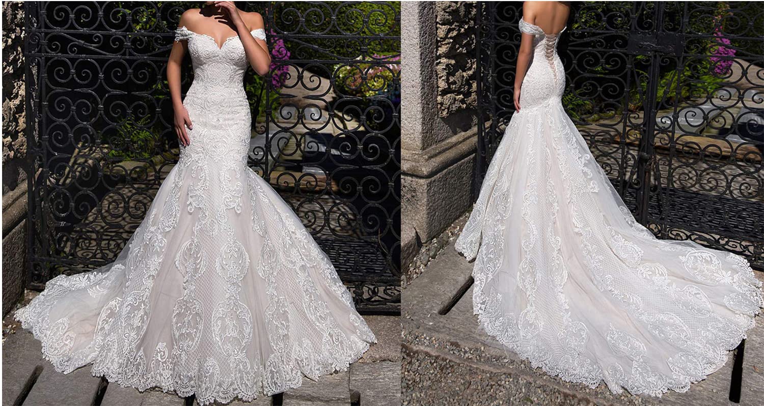 Fenghauvip Mermaid Wedding Dress | Off-The-Shoulder Bridal Gown with Lace-Up Back & Long Train | Perfect for Beach Weddings, Vow Renewals & Romantic Photoshoots