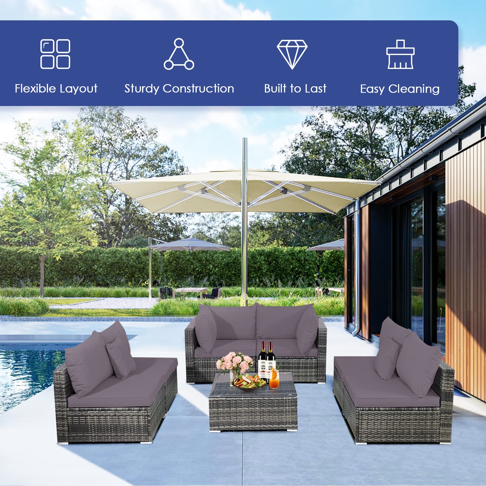 RELAX4LIFE 7-Piece Outdoor Patio Furniture Set - PE Rattan Wicker Conversation Set with Cushions & Glass Coffee Table - Durable Garden, Lawn, Balcony, Poolside Sofa Set - Perfect for Front Porch, Backyard & Outdoor Entertaining (Grey)