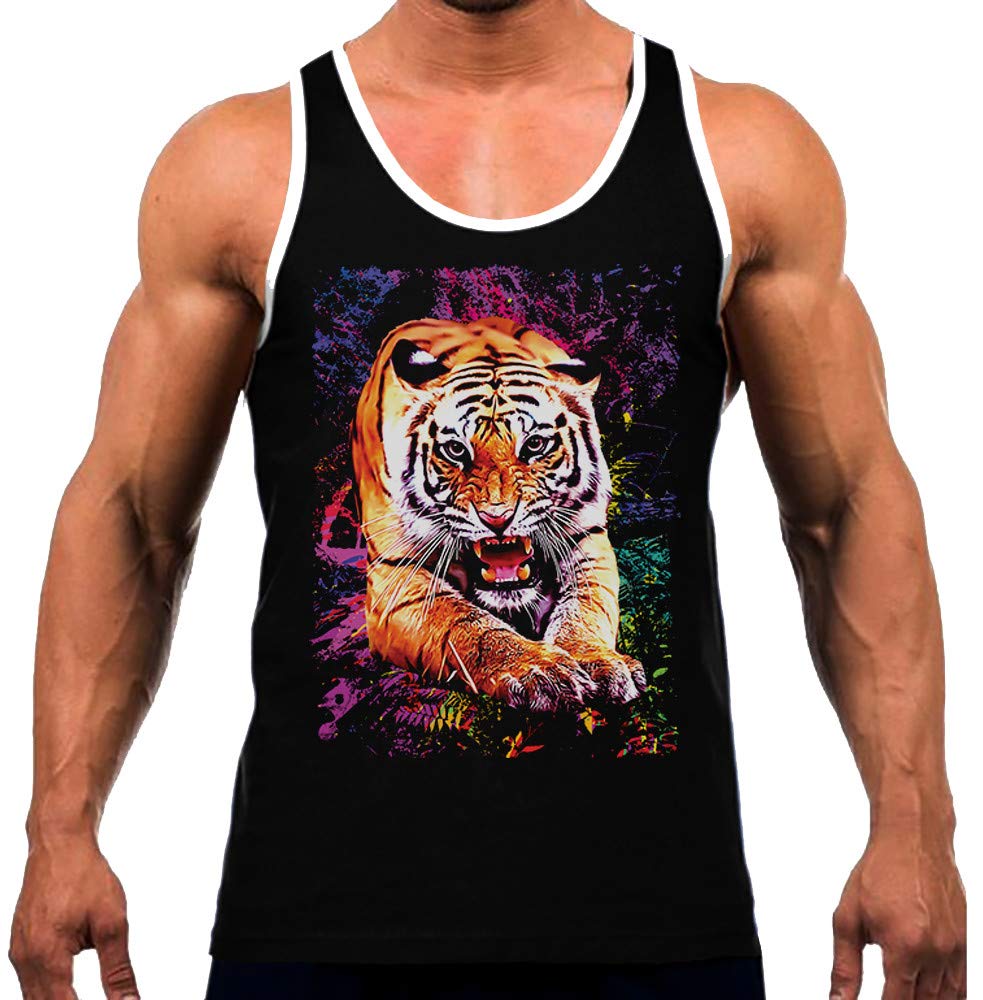 Men's Tiger Jungle Graphic White Trim Black Tank Top - Stylish & Comfortable Muscle Tee for Gym, Workout, and Casual Wear