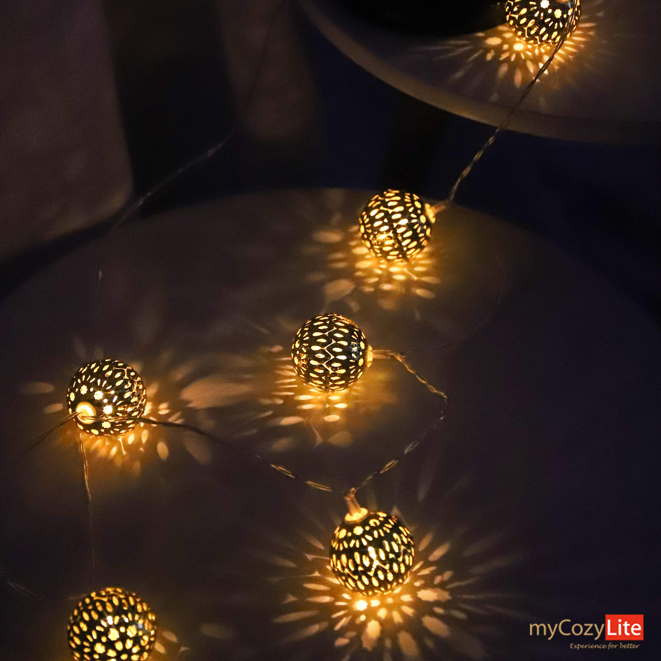 myCozyLite LED Globe String Lights - 10ft Warm White Moroccan Fairy Lights with Timer, 20 Golden Metal Globes, Battery Powered for Bedroom, Wedding, Party & Outdoor Decor